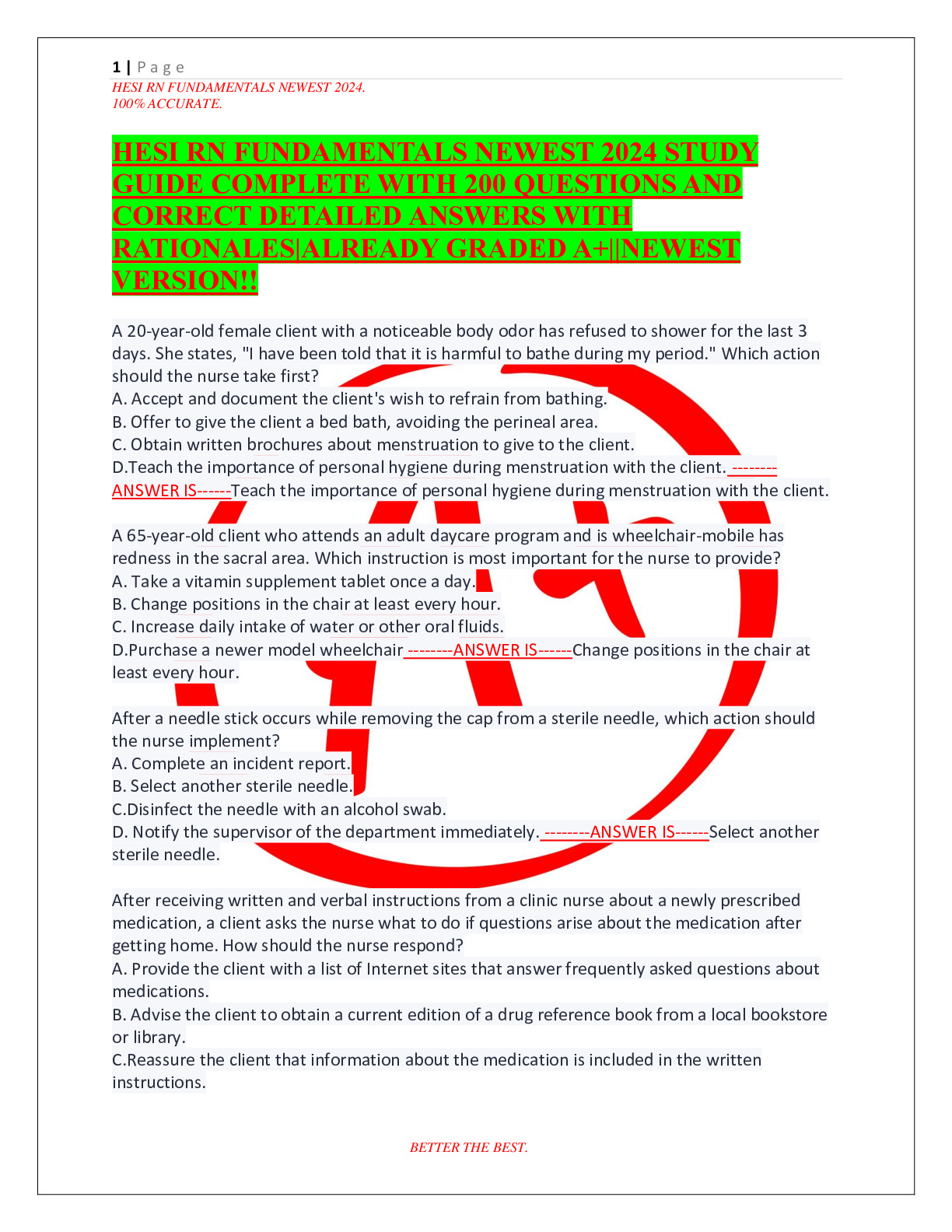 HESI RN FUNDAMENTALS NEWEST 2024 STUDY GUIDE COMPLETE WITH 200 QUESTIONS AND CORRECT ANSWER