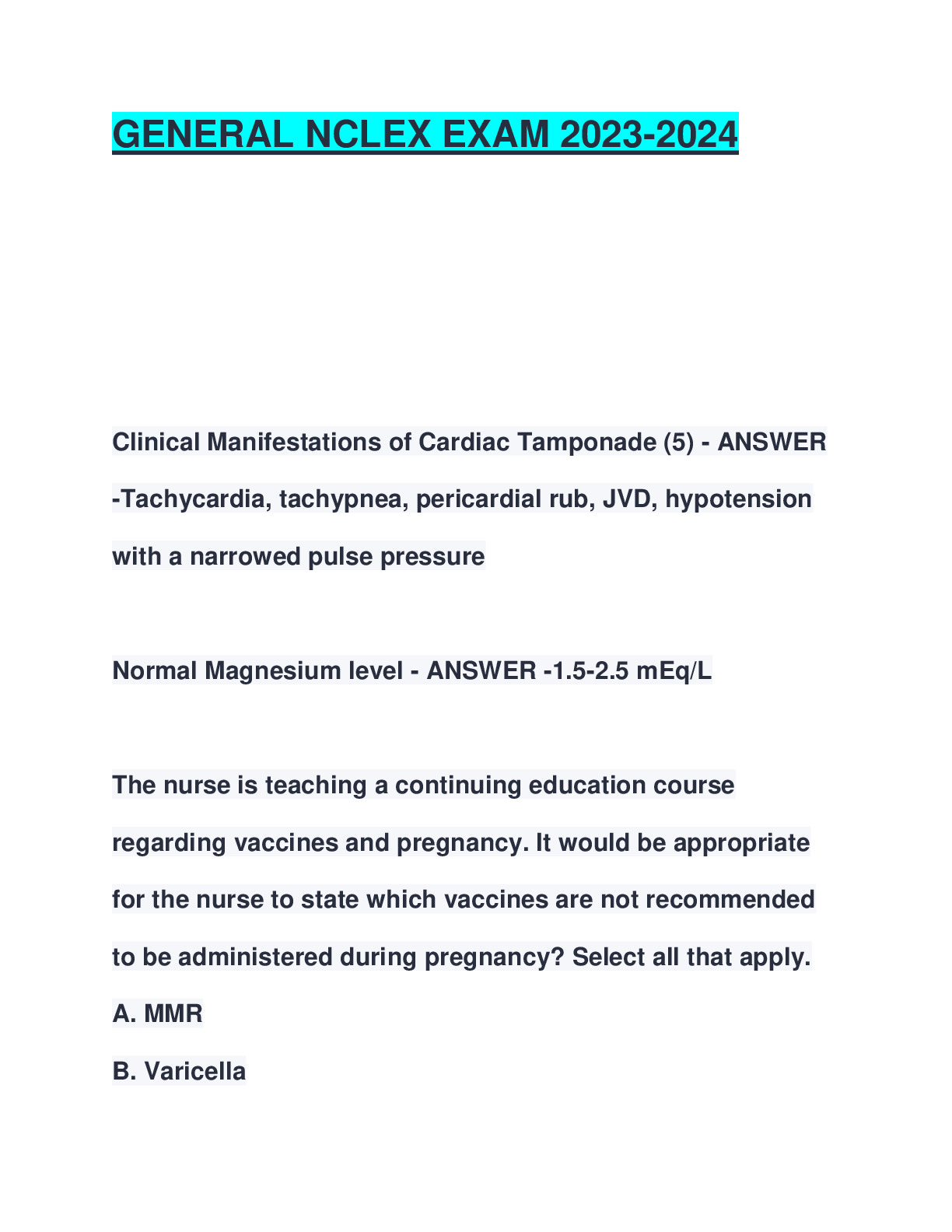 GENERAL NCLEX EXAM 2023-2024