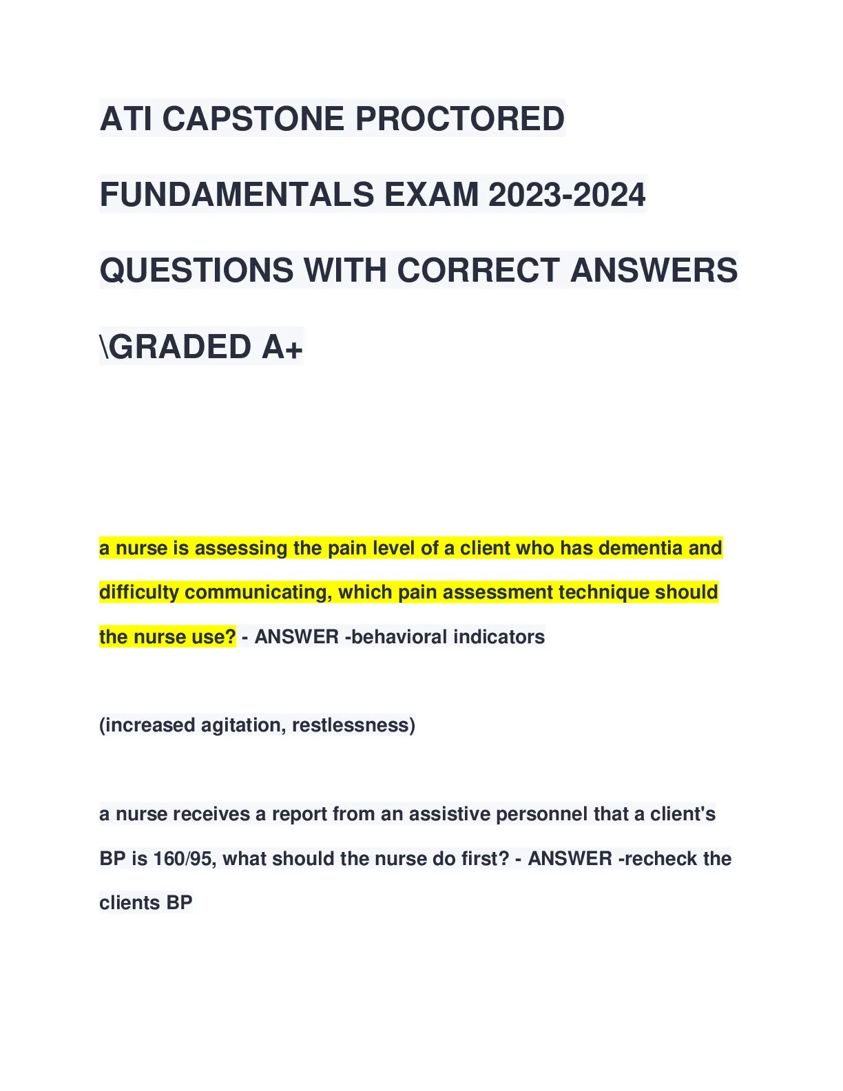 ATI CAPSTONE PROCTORED FUNDAMENTALS EXAM 2023-2024 QUESTIONS WITH ...