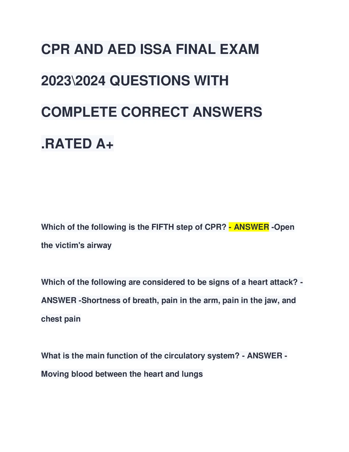 CPR AND AED ISSA FINAL EXAM 2023\2024 QUESTIONS WITH COMPLETE CORRECT ...