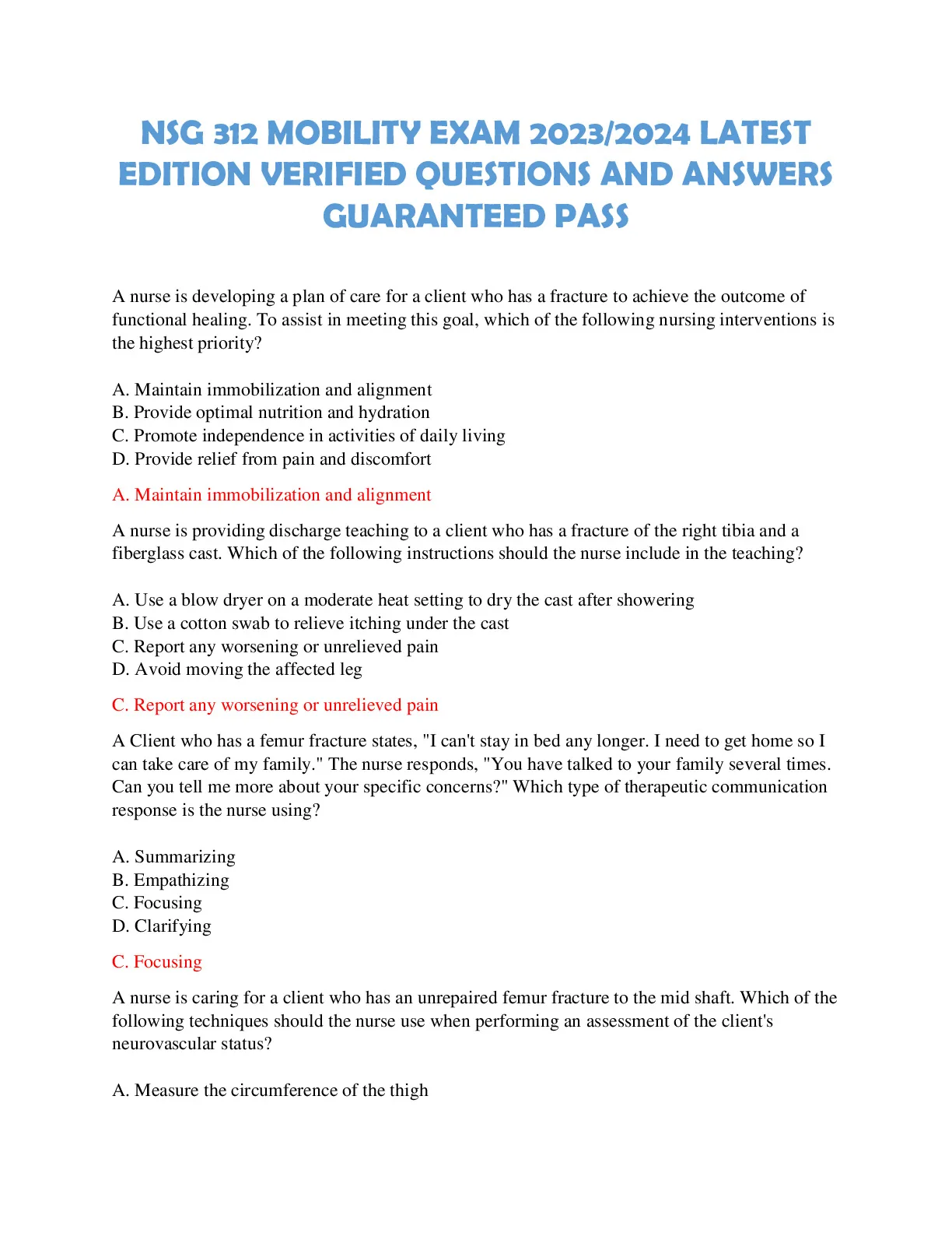 NSG 312 MOBILITY EXAM 2023/2024 LATEST EDITION - DocMerit