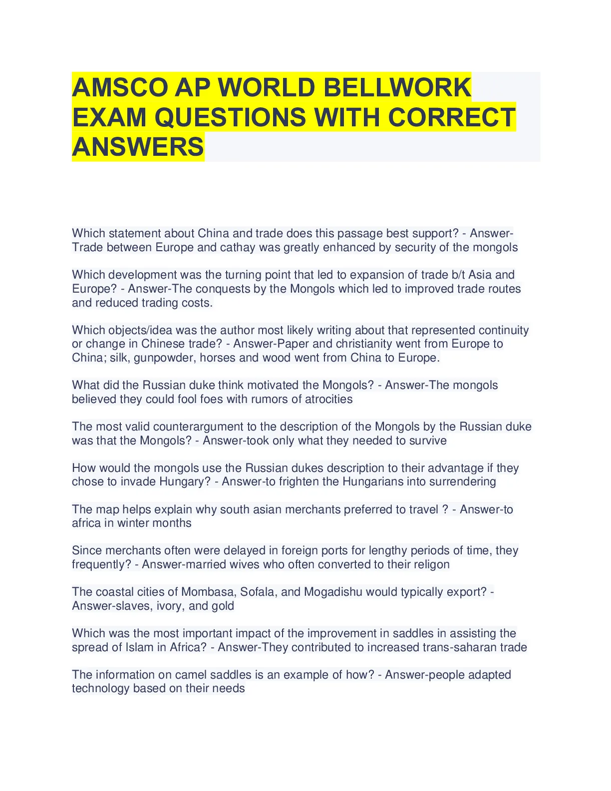 AMSCO AP WORLD BELLWORK EXAM QUESTIONS WITH CORRECT ANSWERS - DocMerit