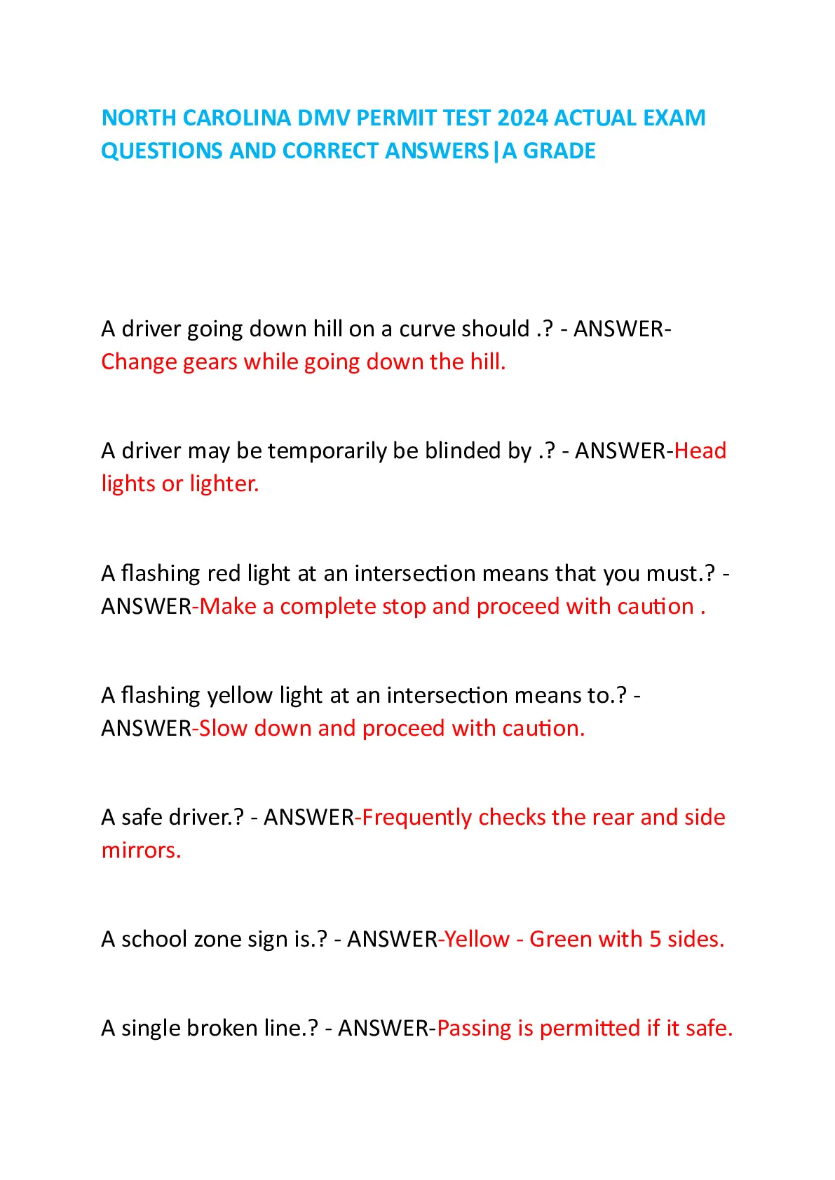NORTH CAROLINA DMV PERMIT TEST 2024 AND CORRECT ANSWERS - DocMerit