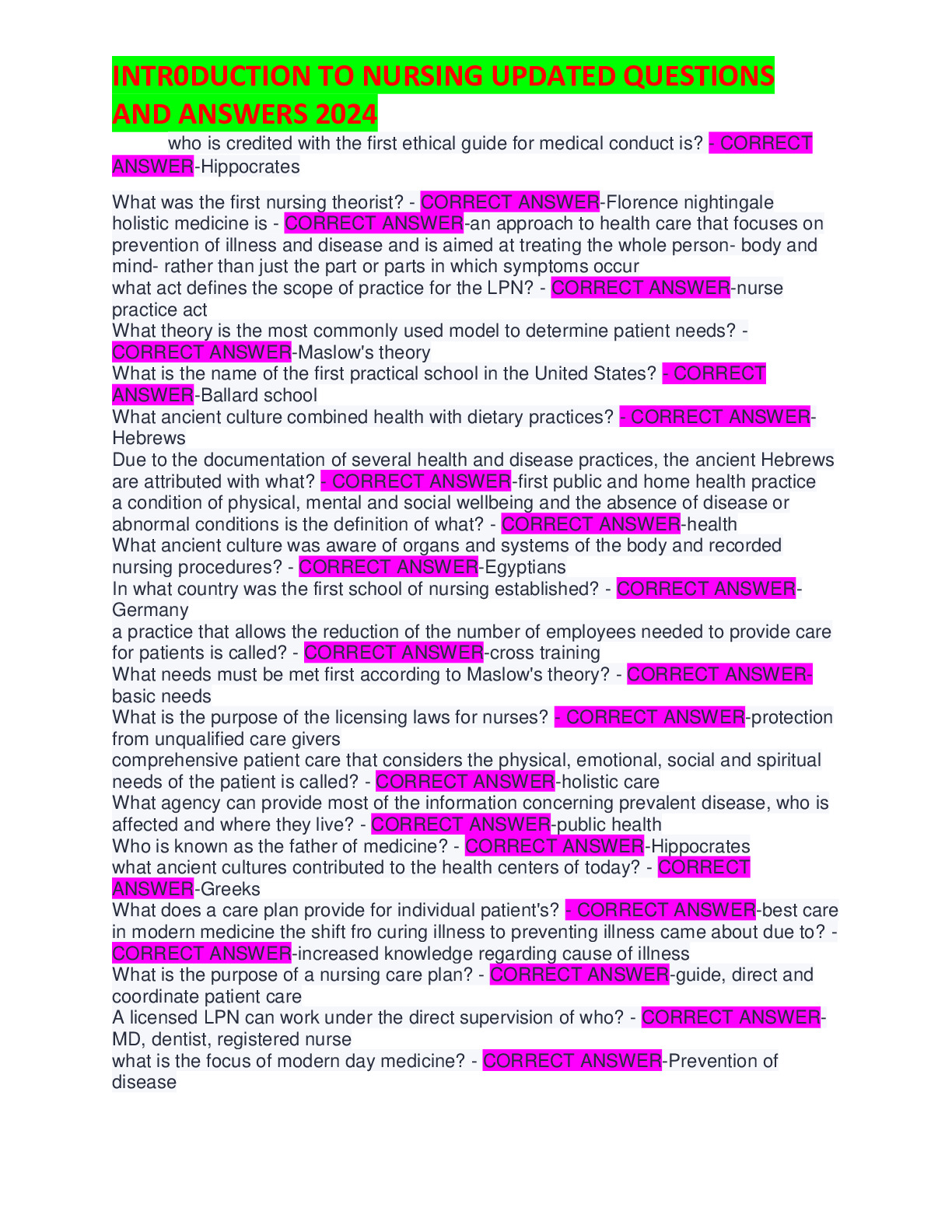 INTR0DUCTION TO NURSING UPDATED QUESTIONS  AND ANSWERS 2024