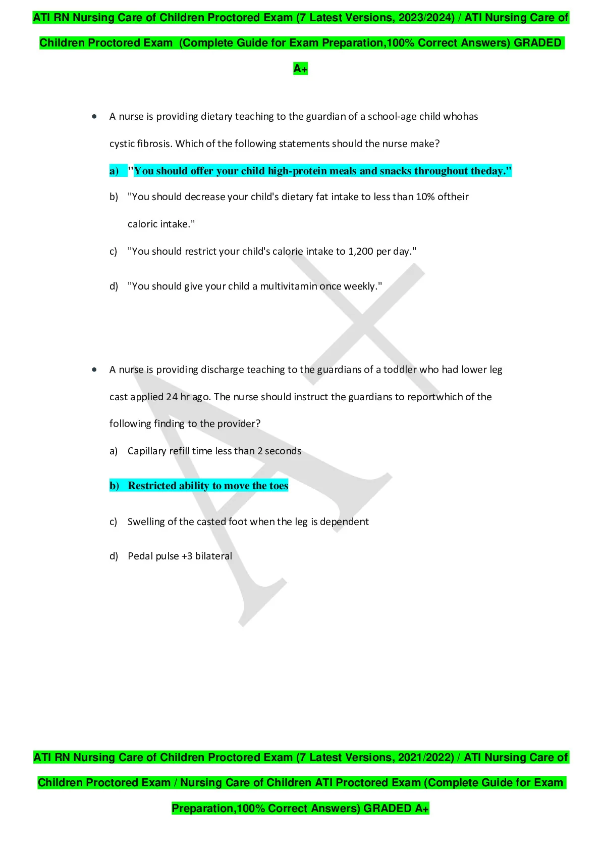 ATI RN Nursing Care of Children Proctored Exam (7 Latest Version 2023/ ...