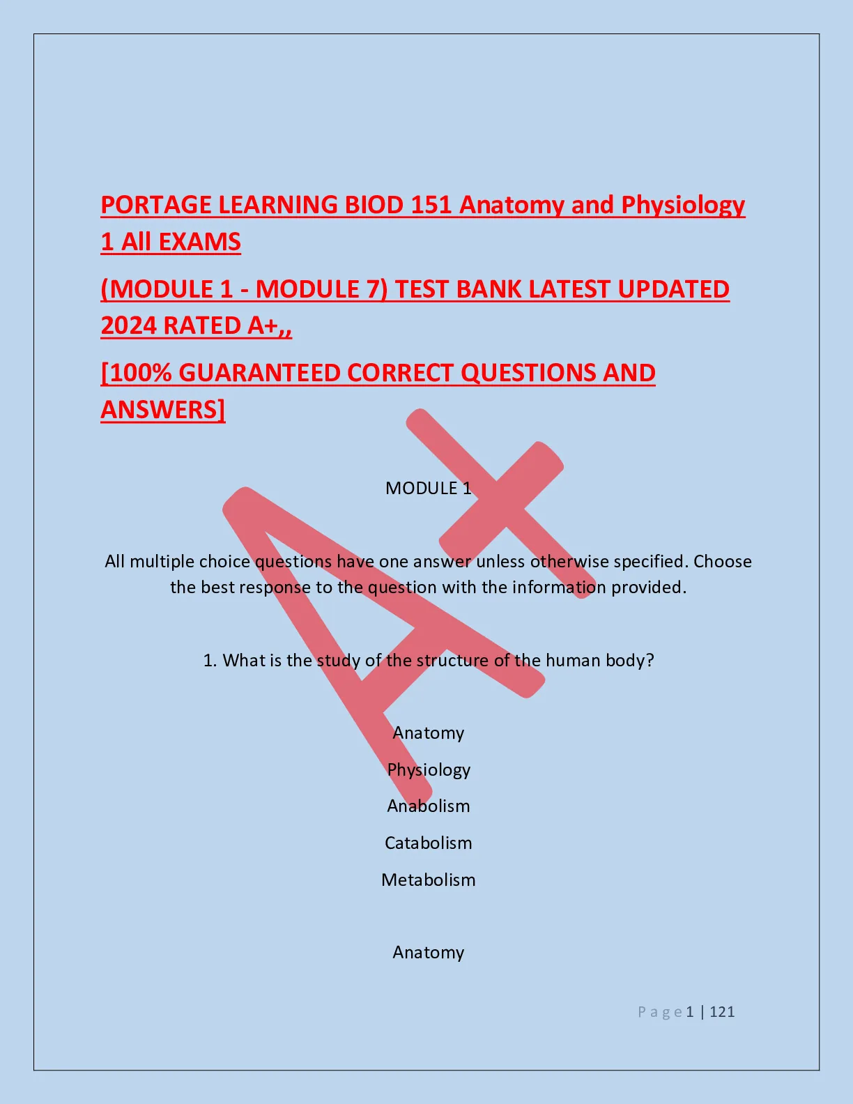 PORTAGE LEARNING BIOD 151 Anatomy and Physiology 1 All EXAMS (MODULE 1 ...