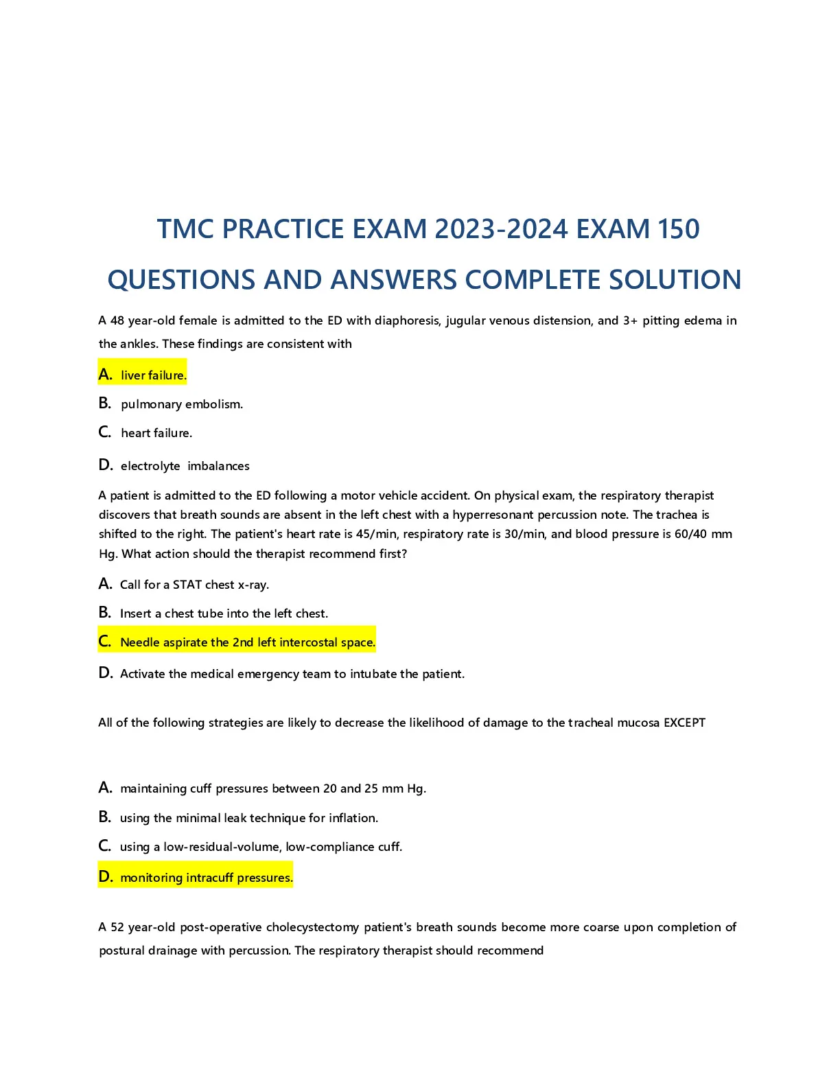 TMC PRACTICE EXAM A 150 QUESTIONS WITH 100% CORRECT ANSWERS 2023-2024 ...