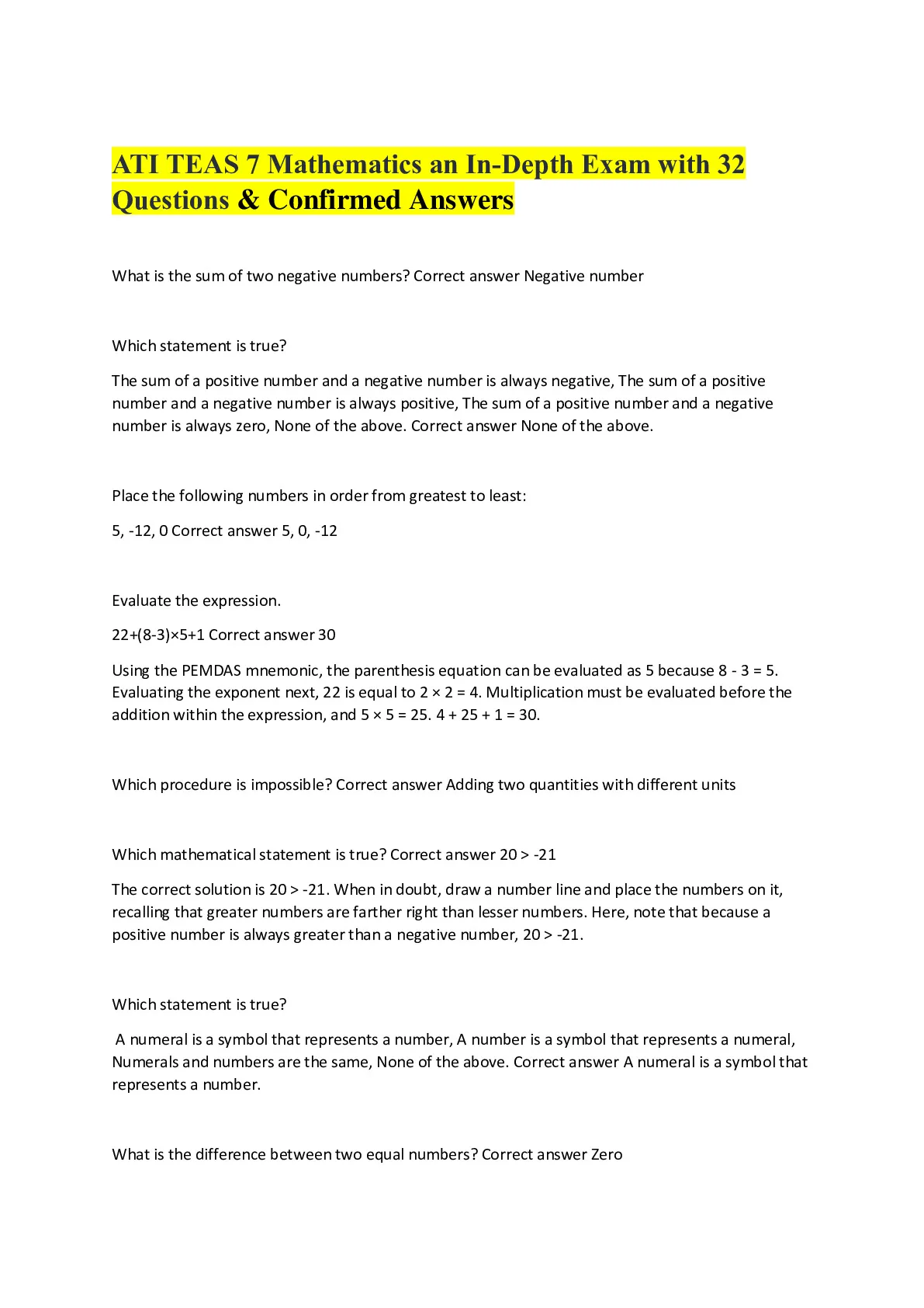 ATI TEAS 7 Mathematics an In-Depth Exam with 32 Questions and Confirmed ...