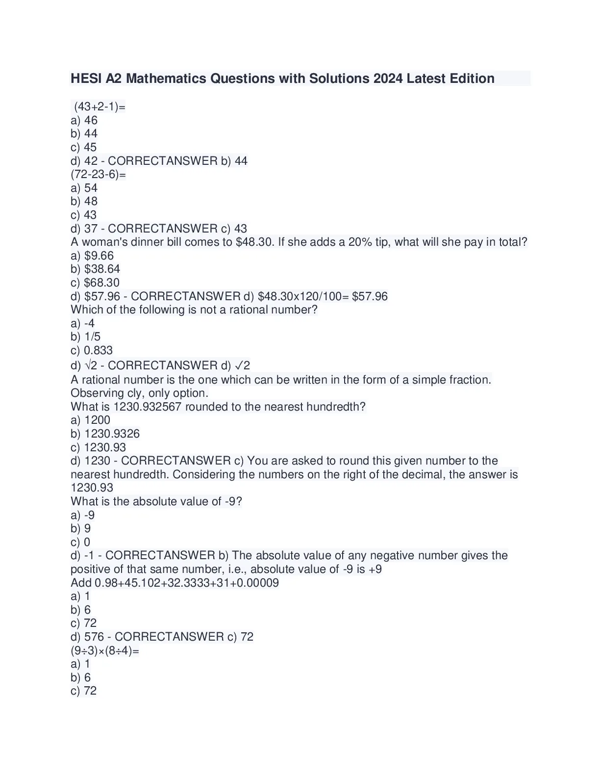 HESI A2 Mathematics Questions with Solutions 2024 Latest Edition - DocMerit