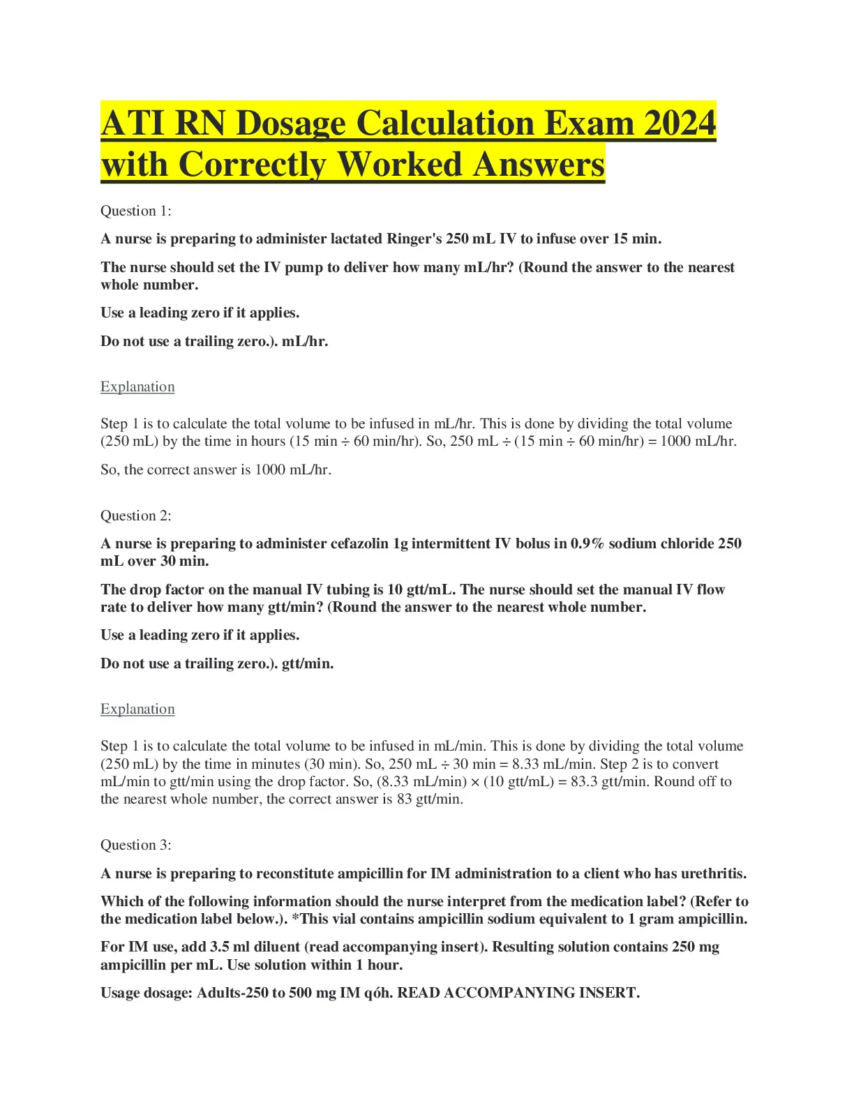 ATI RN Dosage Calculation Exam 2024 with Correctly Worked Answers ...