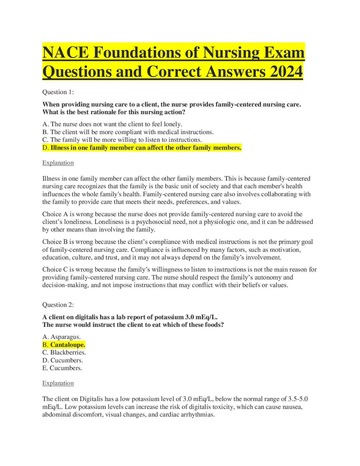 NACE FOUNDATIONS OF NURSING EXAM 1 and 2 Complete Bundle 2024 - DocMerit