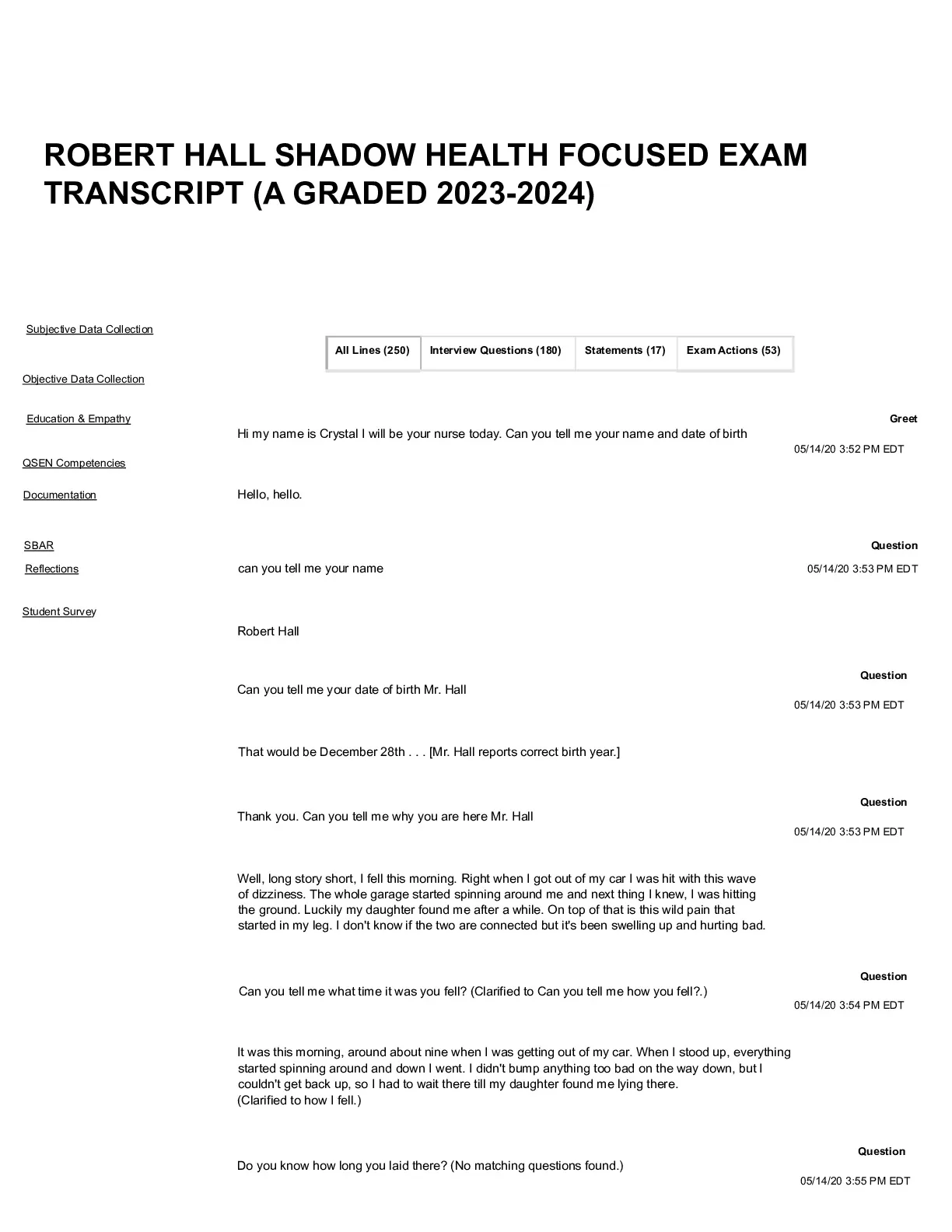 ROBERT HALL SHADOW HEALTH FOCUSED EXAM TRANSCRIPT (A GRADED 2023-2024 ...