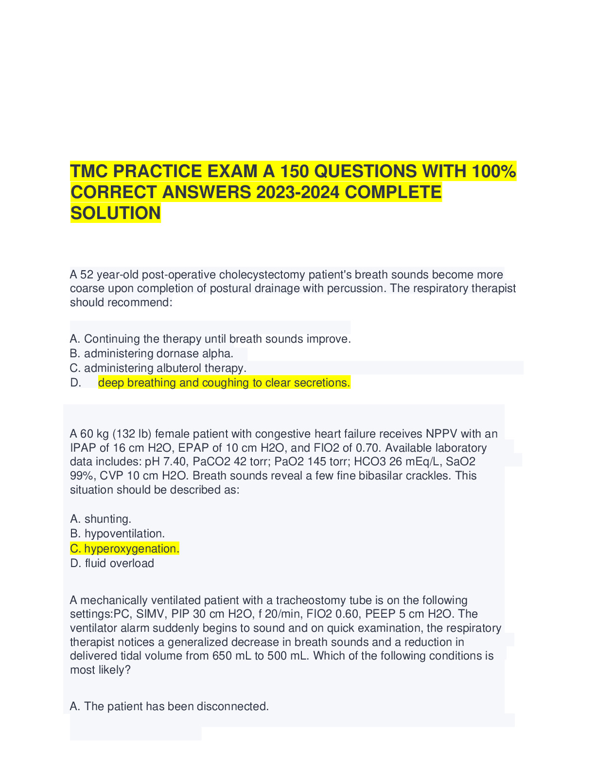 TMC PRACTICE EXAM A 150 QUESTIONS WITH 100% CORRECT ANSWERS 2023-2024 ...