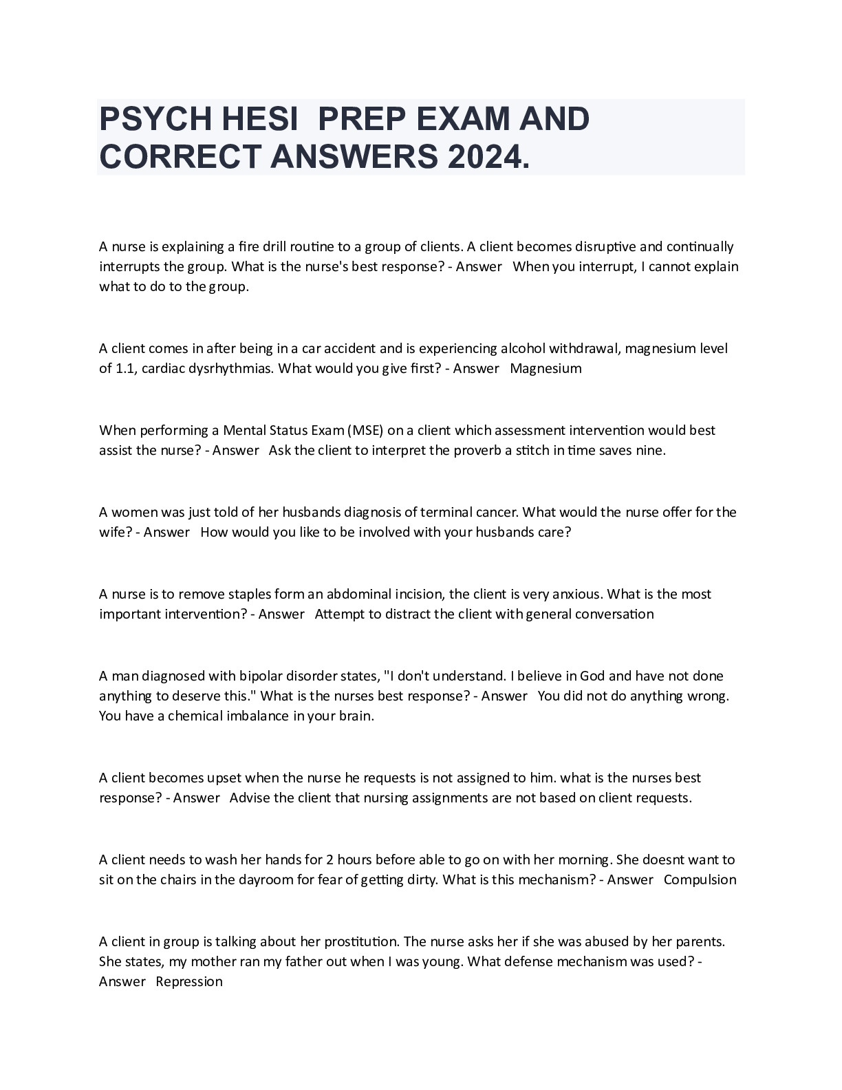 PSYCH HESI  PREP EXAM AND CORRECT ANSWERS 2024.