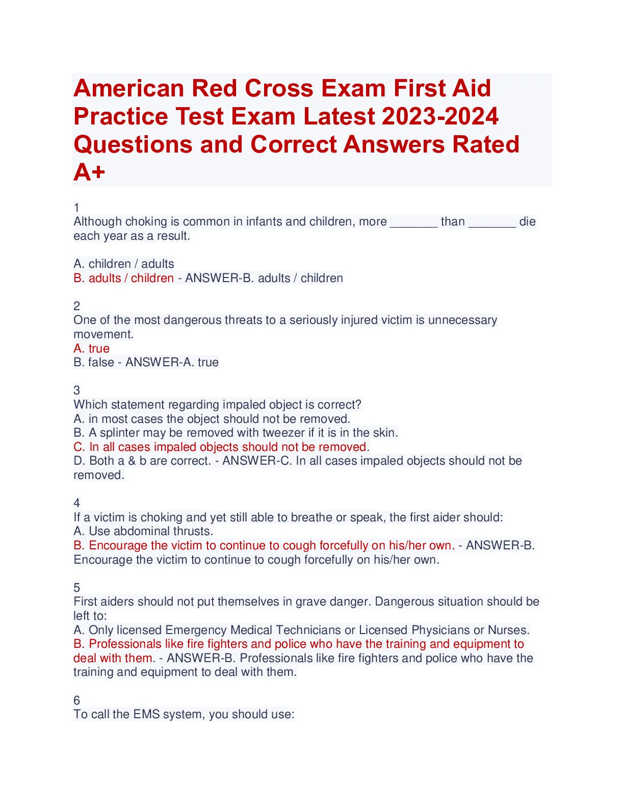 American Red Cross Exam First Aid Practice Test Exam Latest 2023-2024 ...