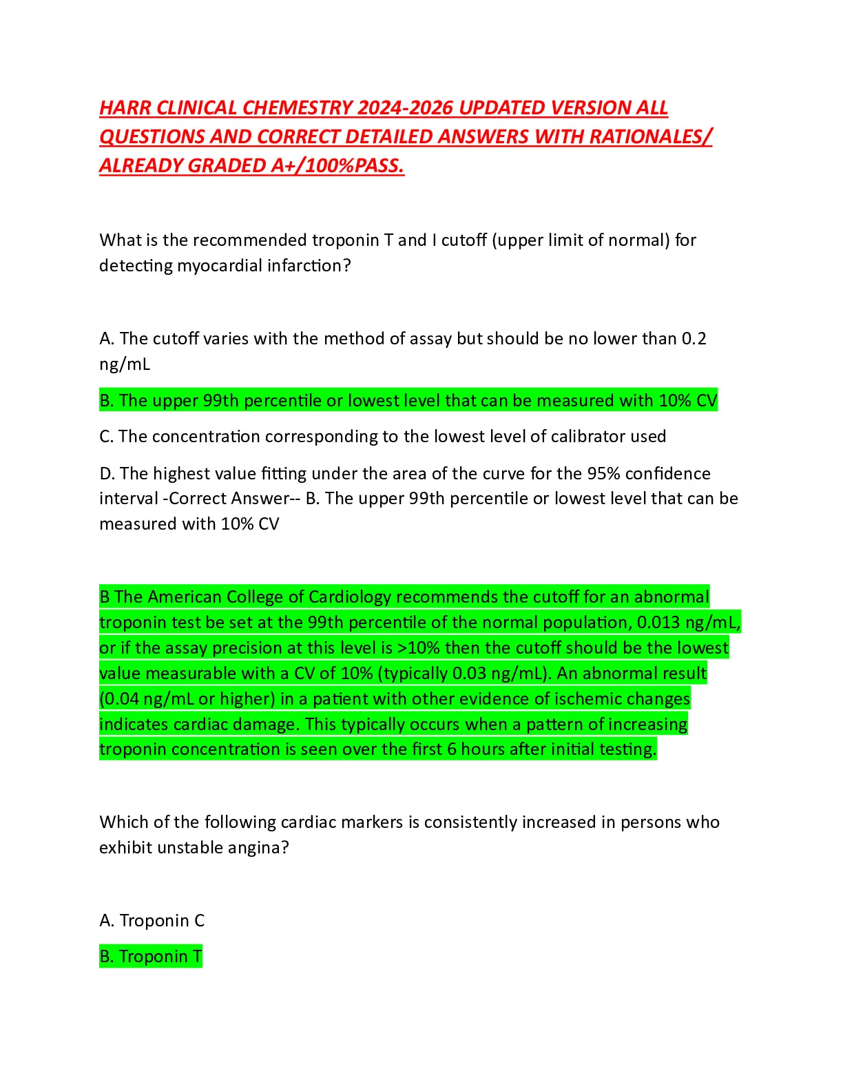HARR CLINICAL CHEMISTRY 2024-2026 UPDATED VERSION ALL QUESTIONS AND ...