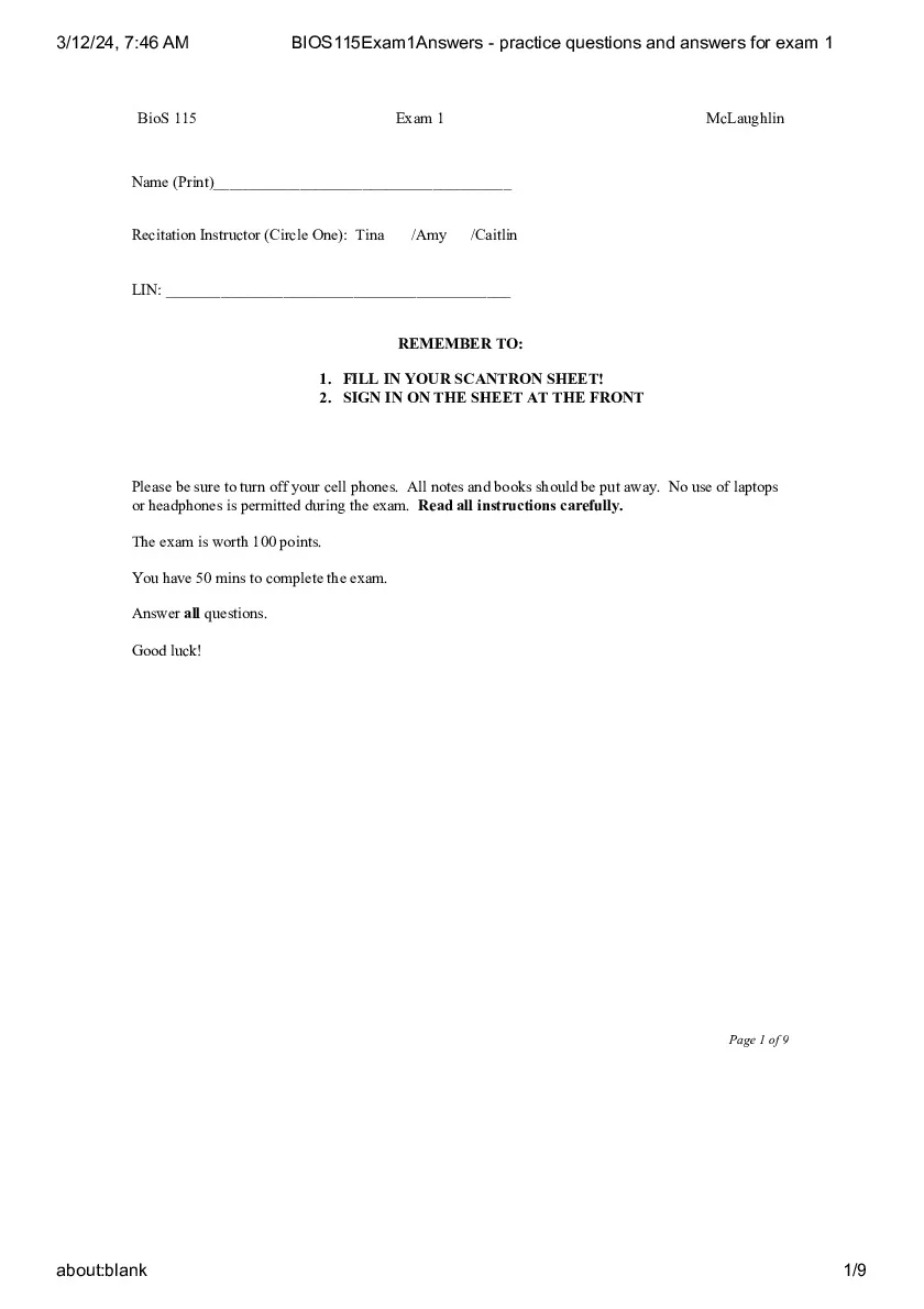BIOS115Exam1Answers - practice questions and answers for exam 1