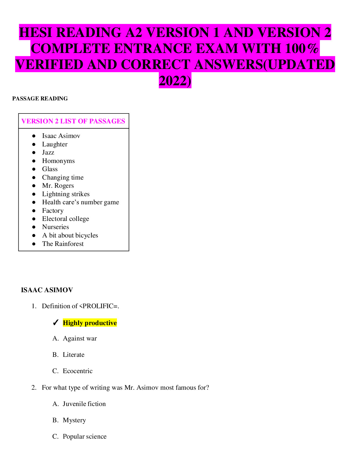 HESI READING A2 VERSION 1 AND VERSION 2  COMPLETE ENTRANCE EXAM WITH 100%  VERIFIED  ANSWERS