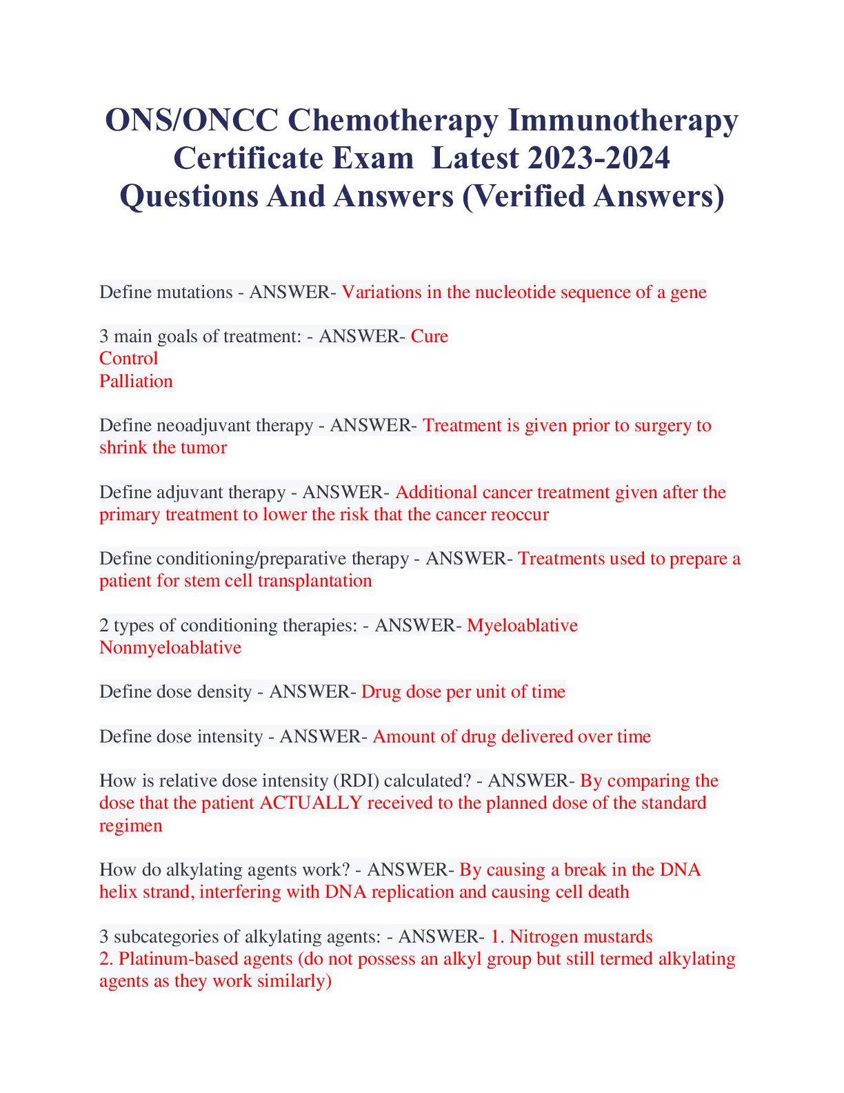 ONS/ONCC Chemotherapy Immunotherapy Certificate Exam Latest 2023-2024 ...