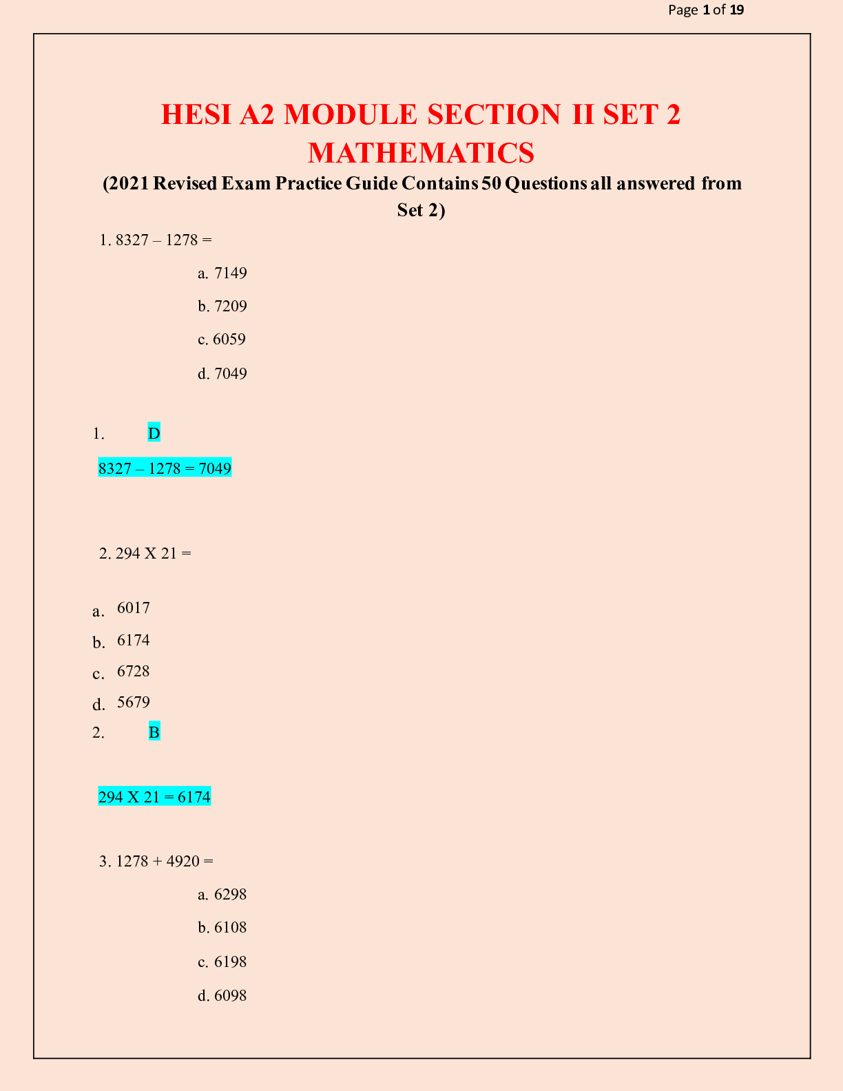 HESI A2 MODULE SECTION II SET 2 MATHEMATICS - DocMerit