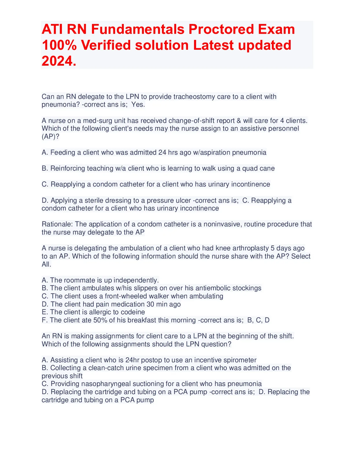 ATI RN Fundamentals Proctored Exam  100% Verified solution Latest updated  2024