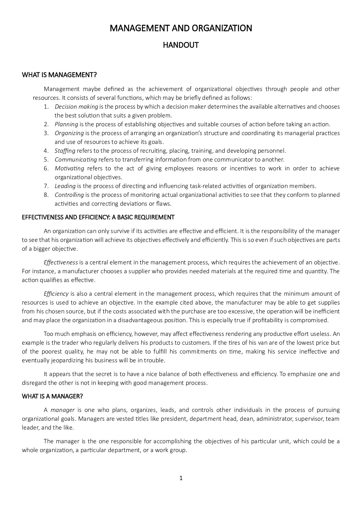 HANDOUT_AN OVERVIEW OF MANAGEMENT AND ORGANIZATION - DocMerit