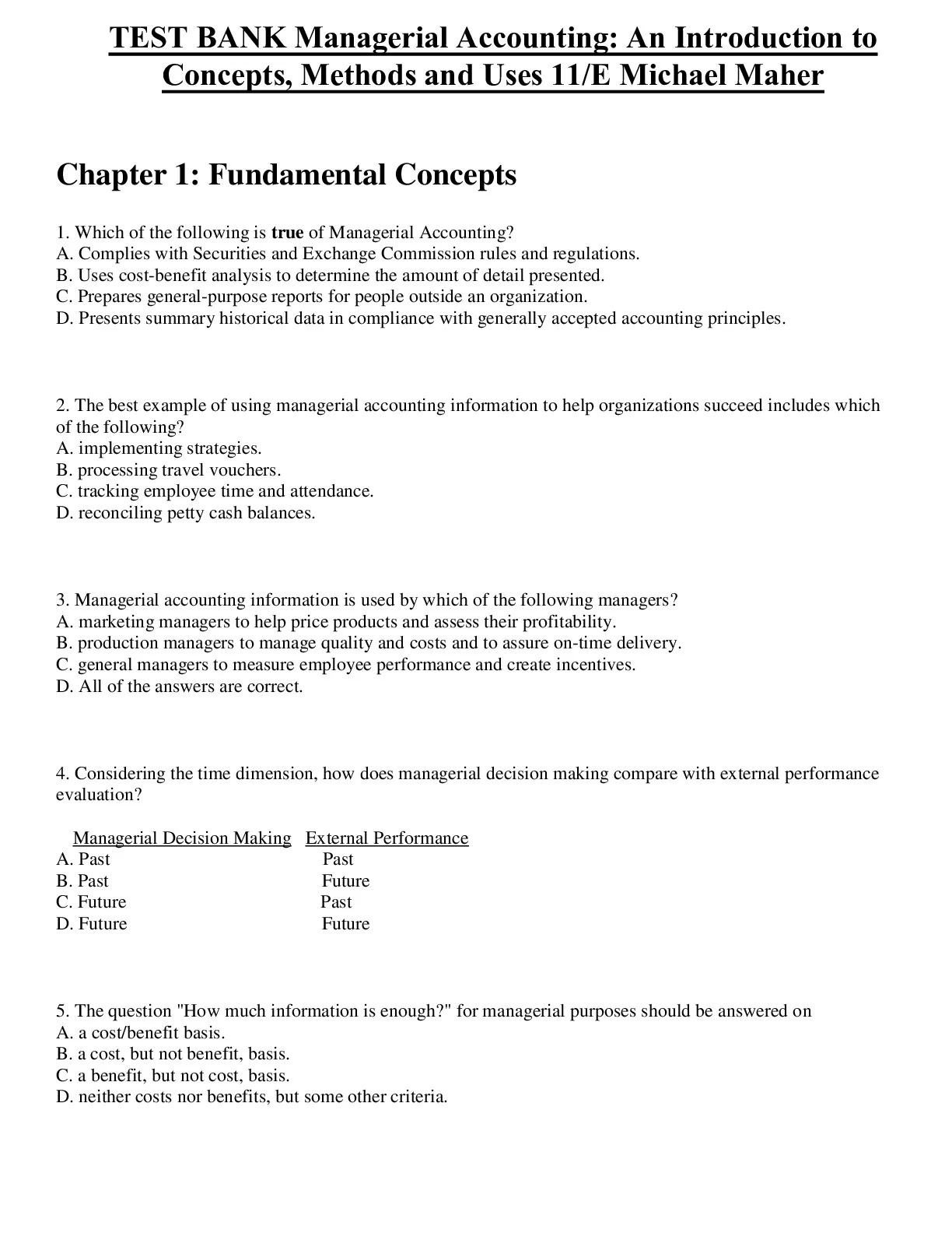 Managerial Accounting Final Exam Multiple Choice questions and answers ...
