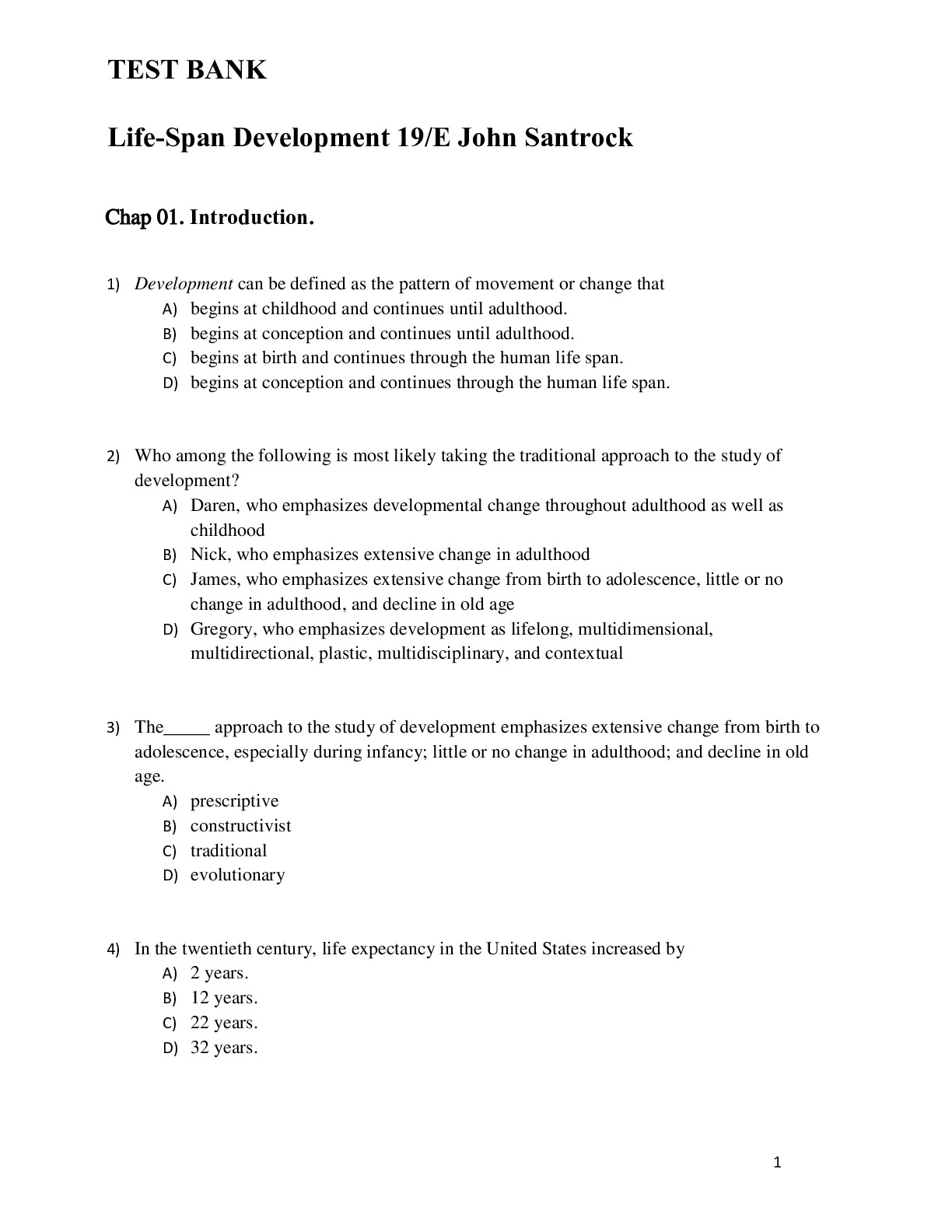 Test Bank For Life-Span Development 18th Edition By John Santrock