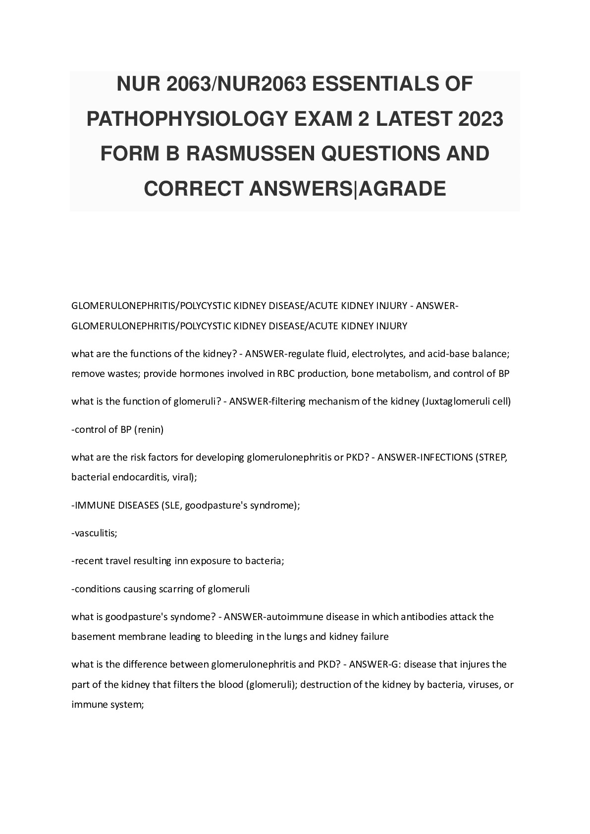 NUR 2063/NUR2063 ESSENTIALS OF  PATHOPHYSIOLOGY EXAM 2 LATEST 2023