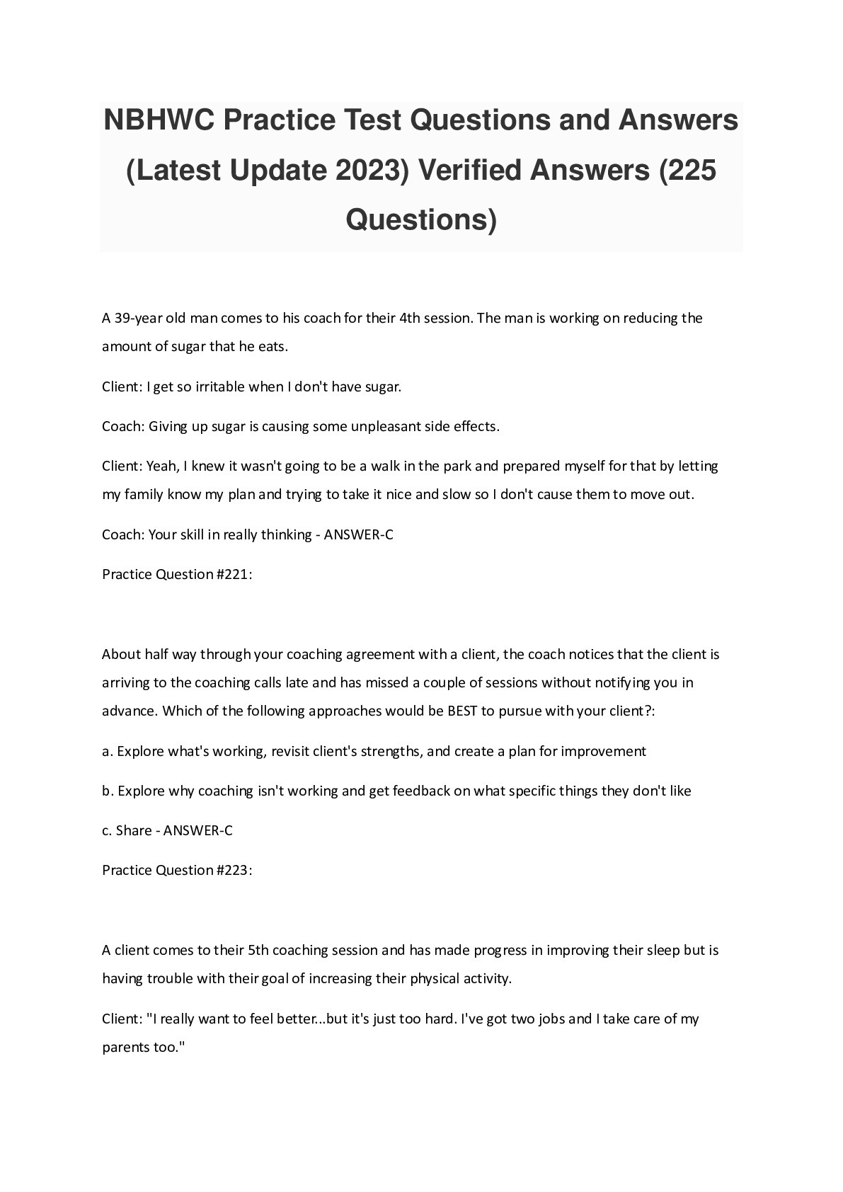 NBHWC Practice Test Questions and Answers (Latest Update 2023) Verified Answers (225 Questions)