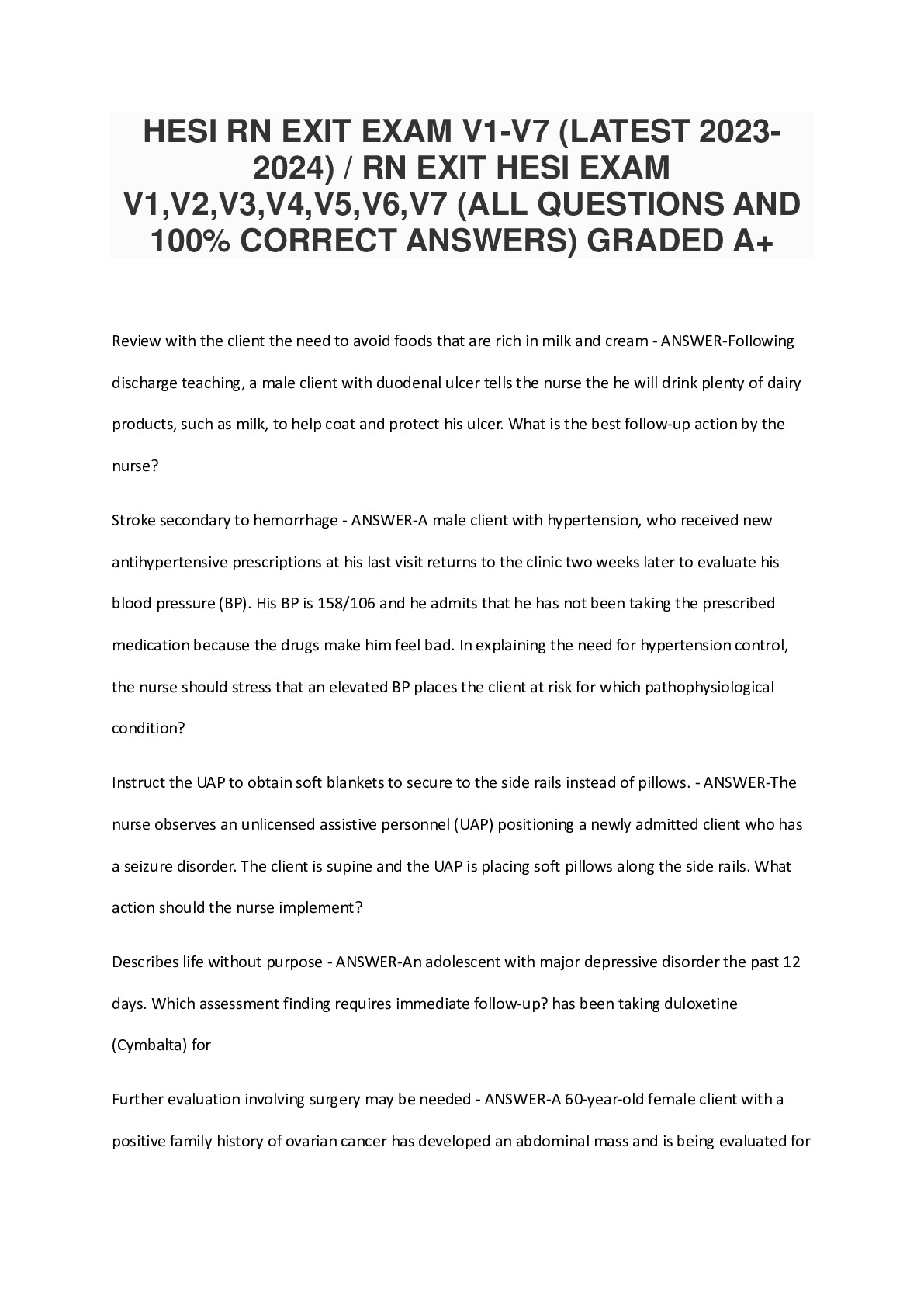 HESI RN EXIT EXAM V1-V7 (LATEST 2023-2024) / RN EXIT HESI EXAM V1,V2,V3,V4,V5,V6,V7