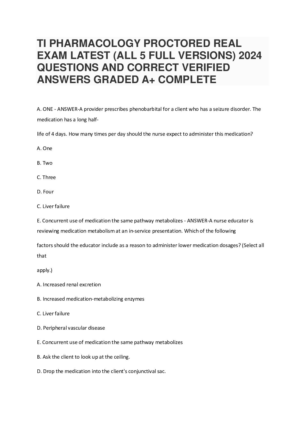 TI PHARMACOLOGY PROCTORED REAL EXAM LATEST (ALL 5 FULL VERSIONS) 2024 QUESTIONS AND CORRECT