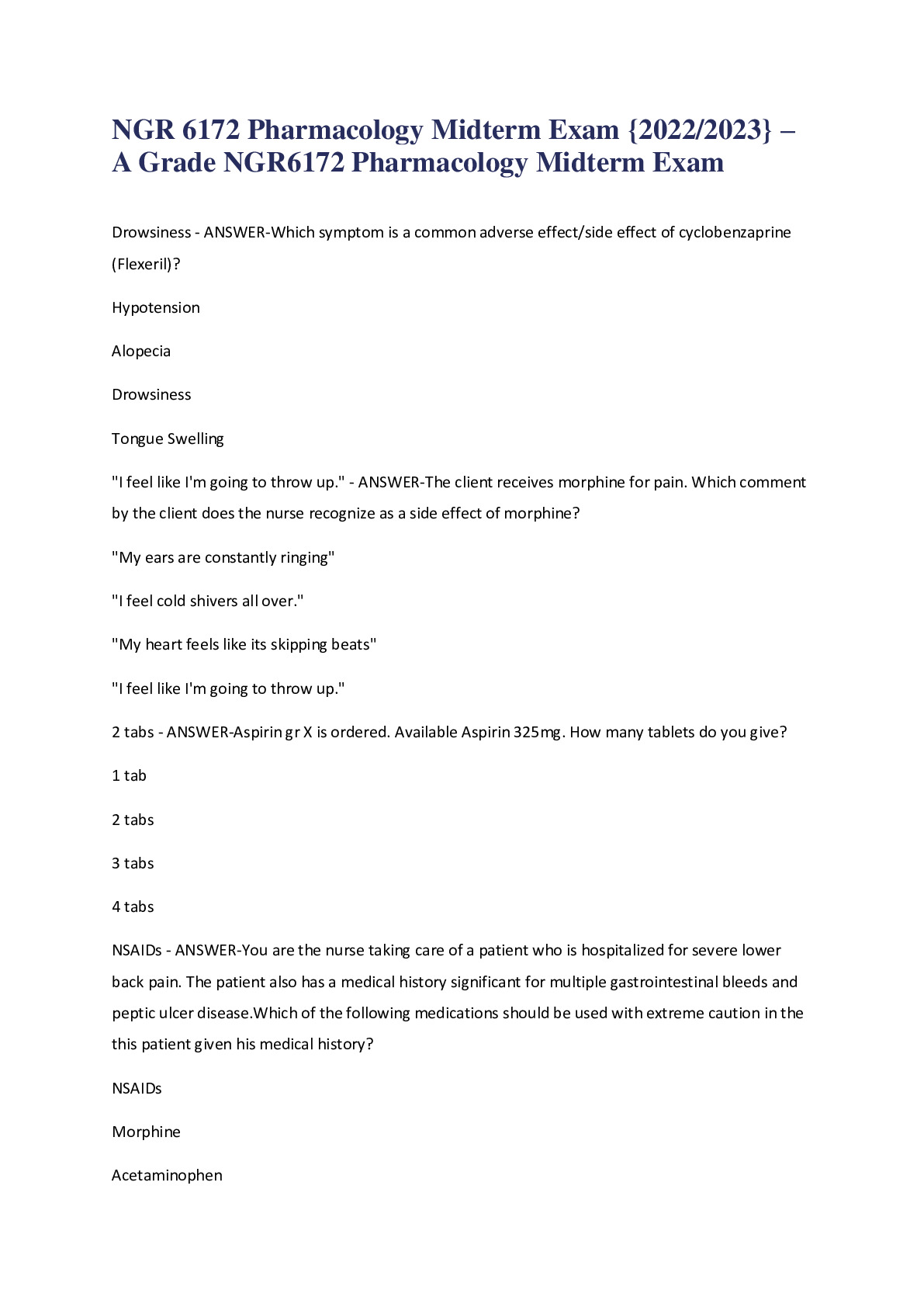 NGR 6172 Pharmacology Midterm Exam {2022/2023} – A Grade NGR6172 Pharmacology Midterm Exam