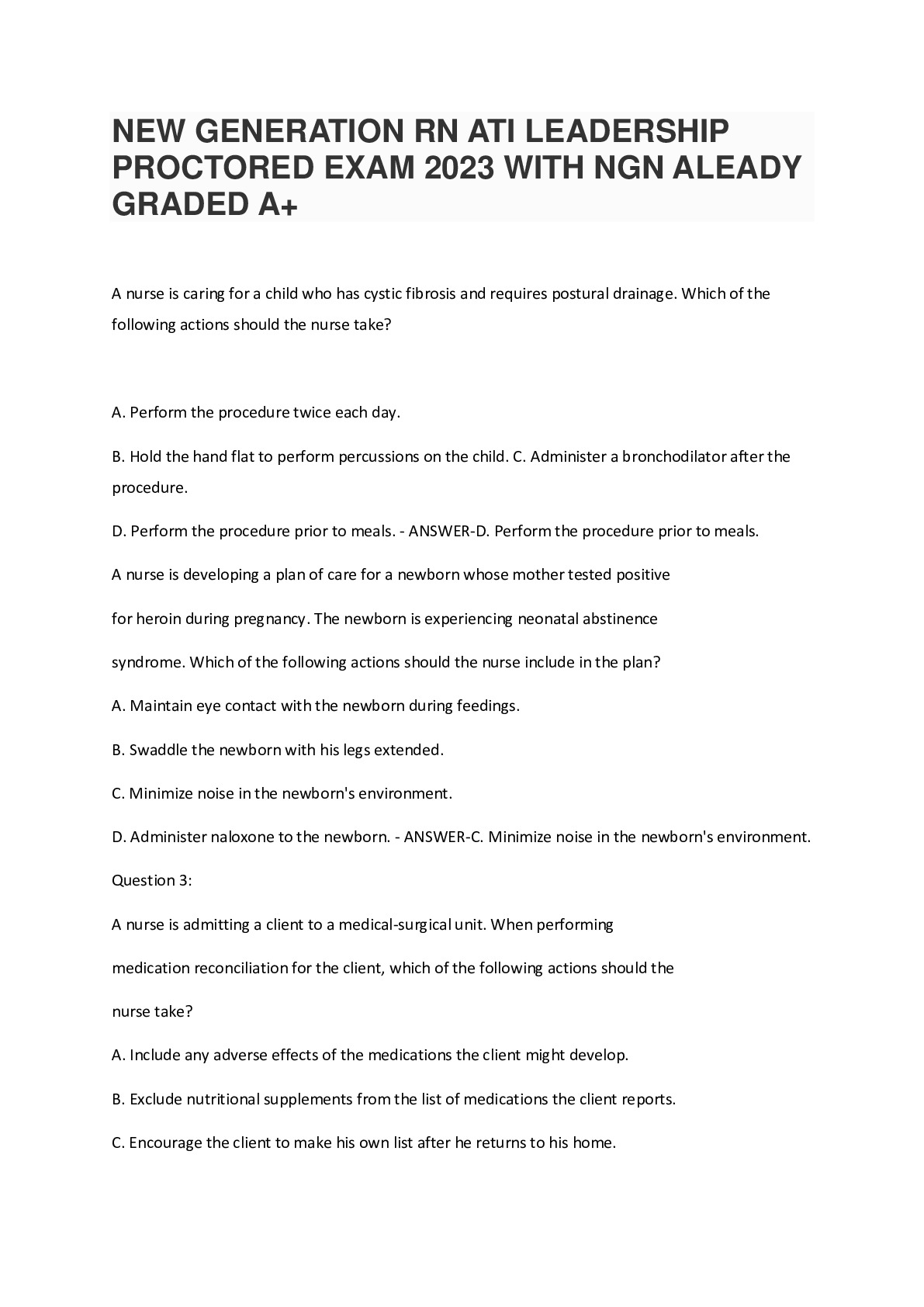 NEW GENERATION RN ATI LEADERSHIP PROCTORED EXAM 2023 WITH NGN ALEADY GRADED A+