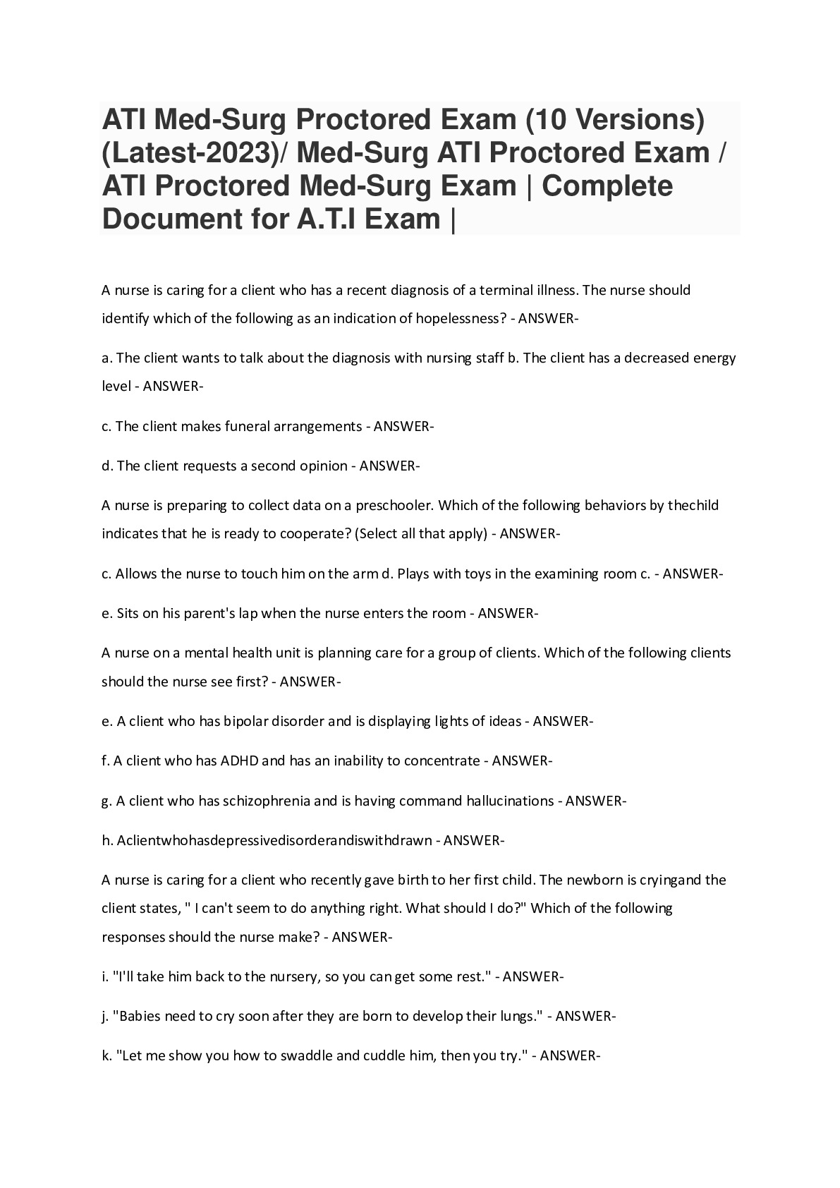ATI Med-Surg Proctored Exam (10 Versions) (Latest-2023)/ Med-Surg ATI Proctored Exam