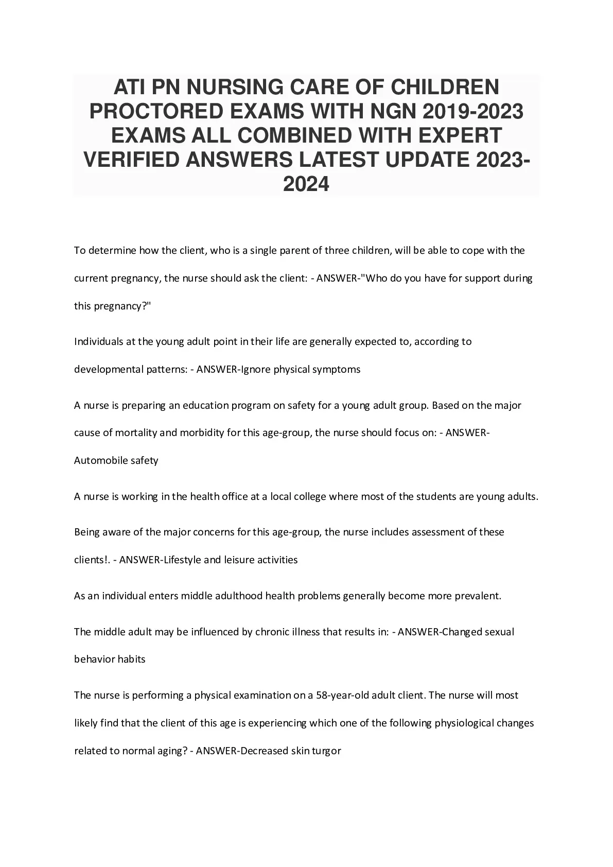 ATI PN NURSING CARE OF CHILDREN PROCTORED EXAMS WITH NGN 2019-2023 ...