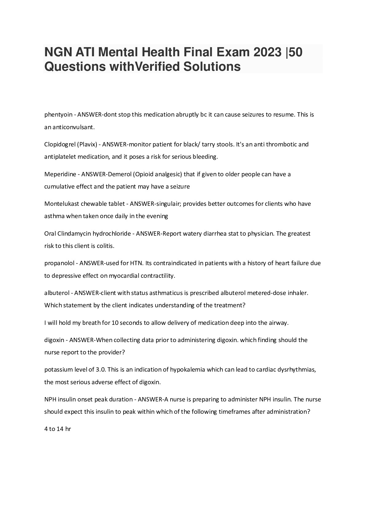 NGN ATI Mental Health Final Exam 2023 |50 Questions withVerified Solutions