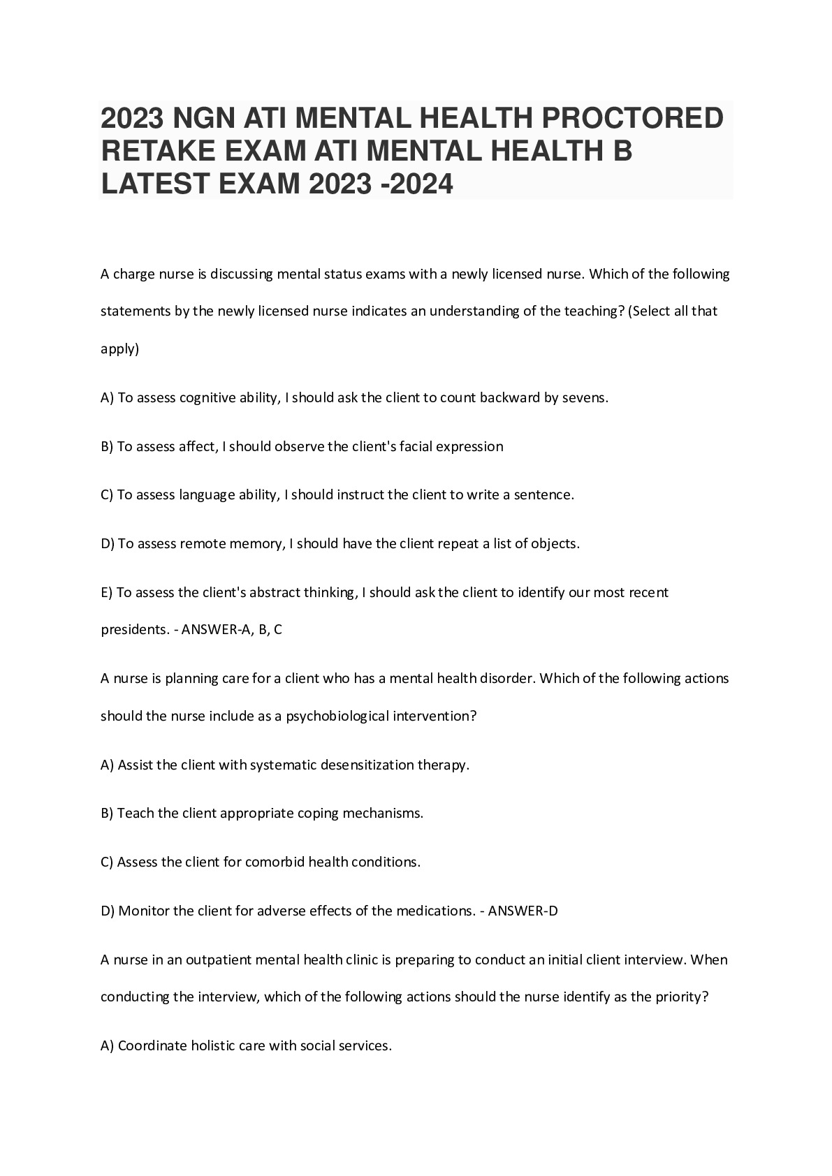 2023 NGN ATI MENTAL HEALTH PROCTORED RETAKE EXAM ATI MENTAL HEALTH B LATEST EXAM 2023 -2024