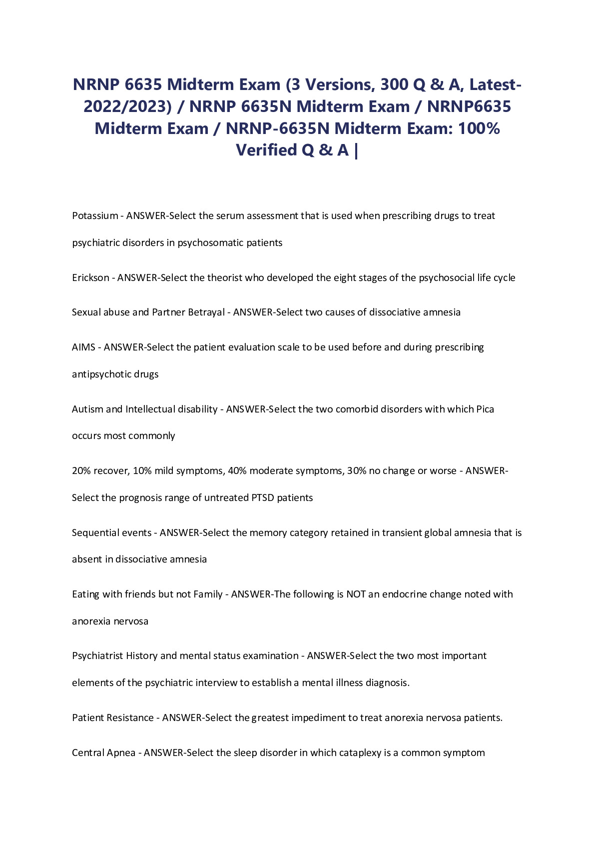 NRNP 6635 FINAL EXAM 2023 ACTUAL EXAM 3 LATEST VERSIONS 300 QUESTIONS AND CORRECT DETAILED ANSWERS NRNP 6635 WEEK 11 FINAL EXAM (WALDEN UNIVERSITY)