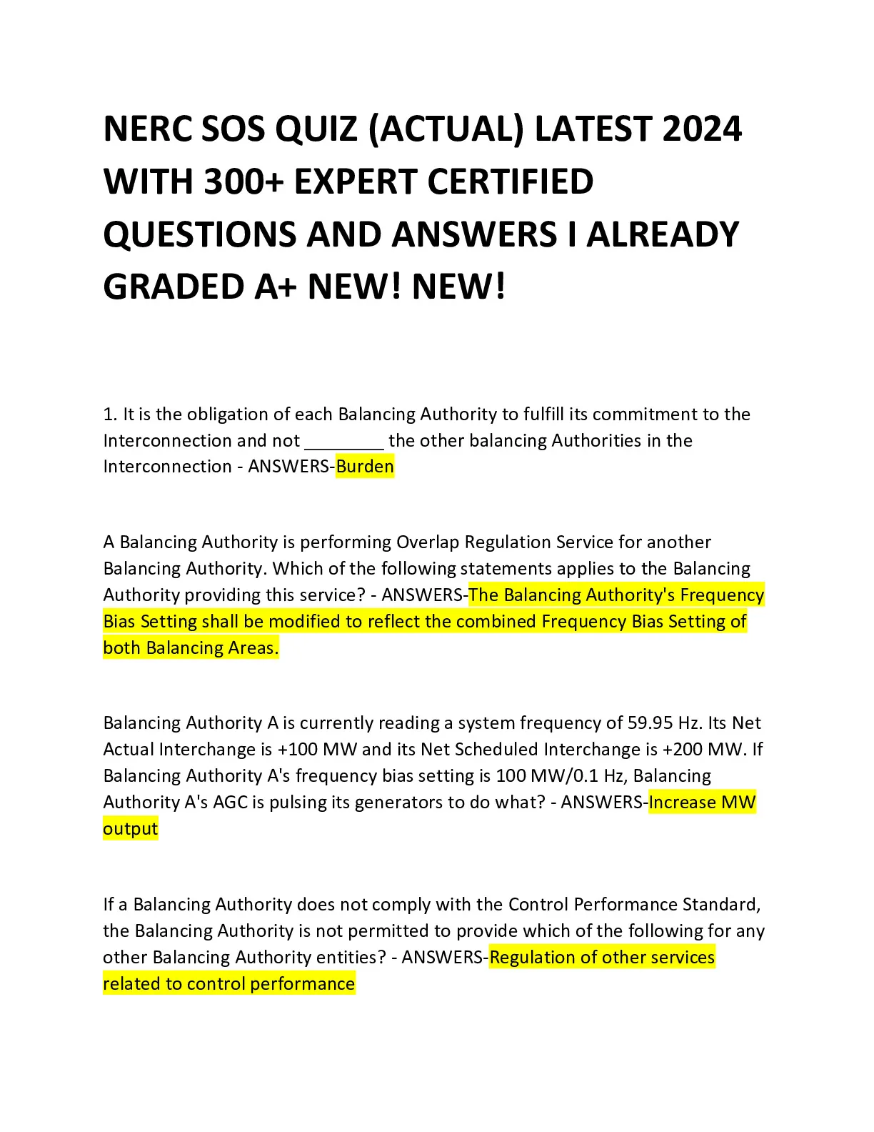 Nerc test, sos quiz, book quiz and sos prep (ACTUAL) LATEST 2024 WITH ...