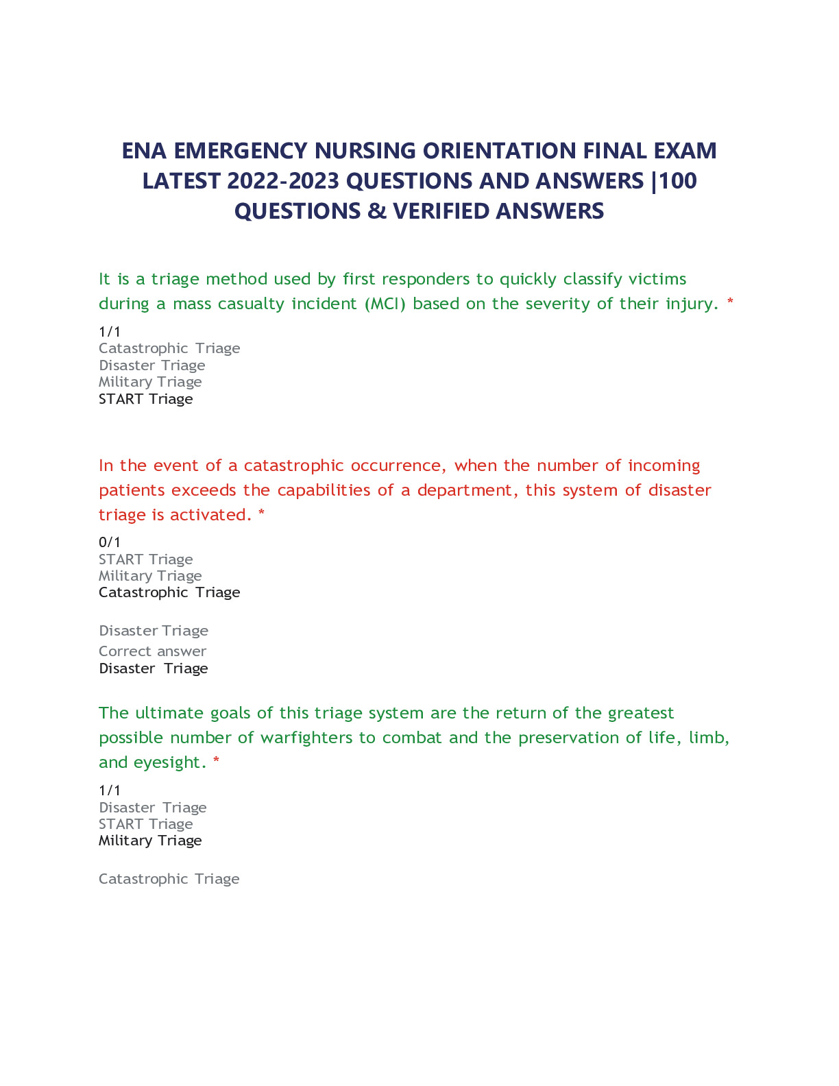 ENA EMERGENCY NURSING ORIENTATION FINAL EXAM LATEST 2022-2023 QUESTIONS ...