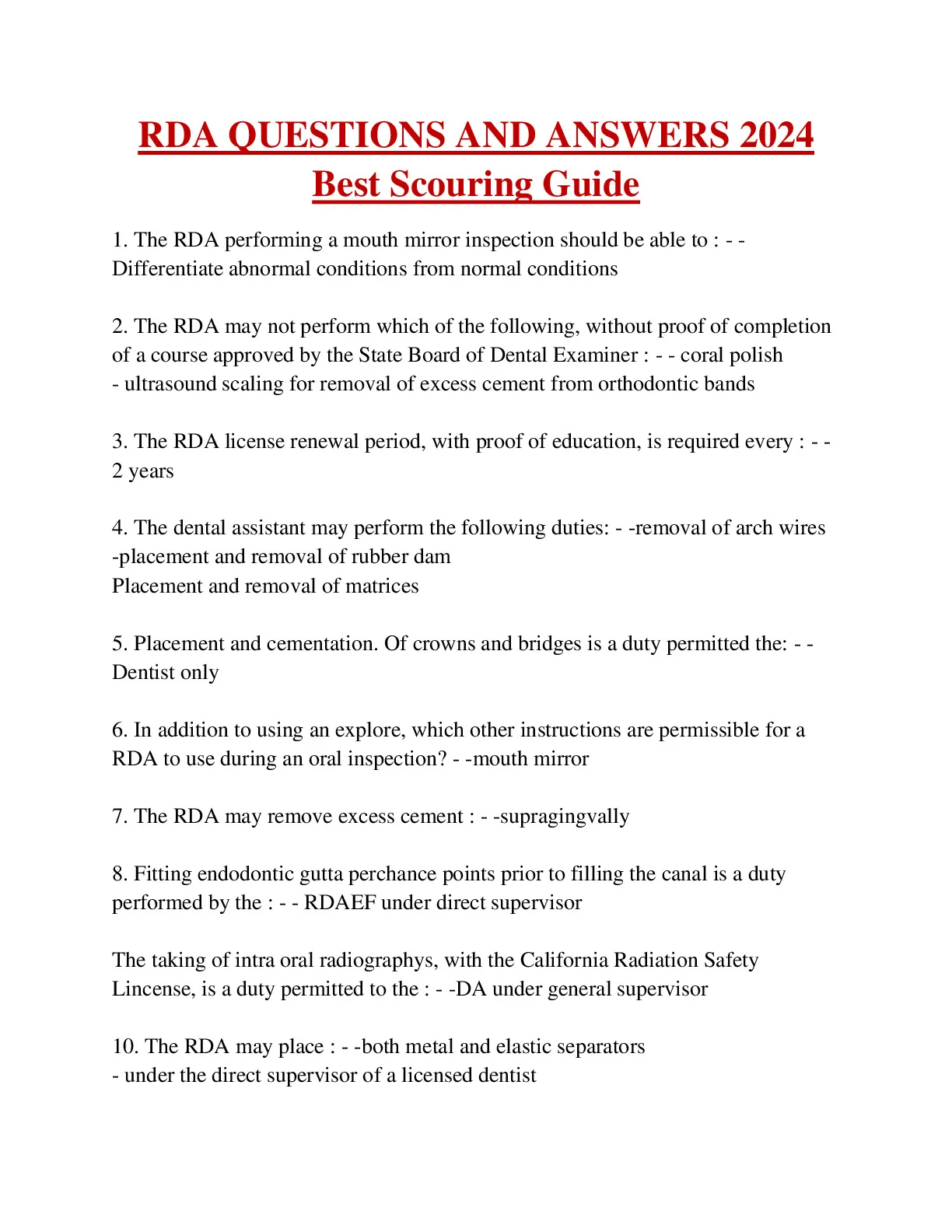 RDA QUESTIONS AND ANSWERS 2024 Best Scouring - DocMerit
