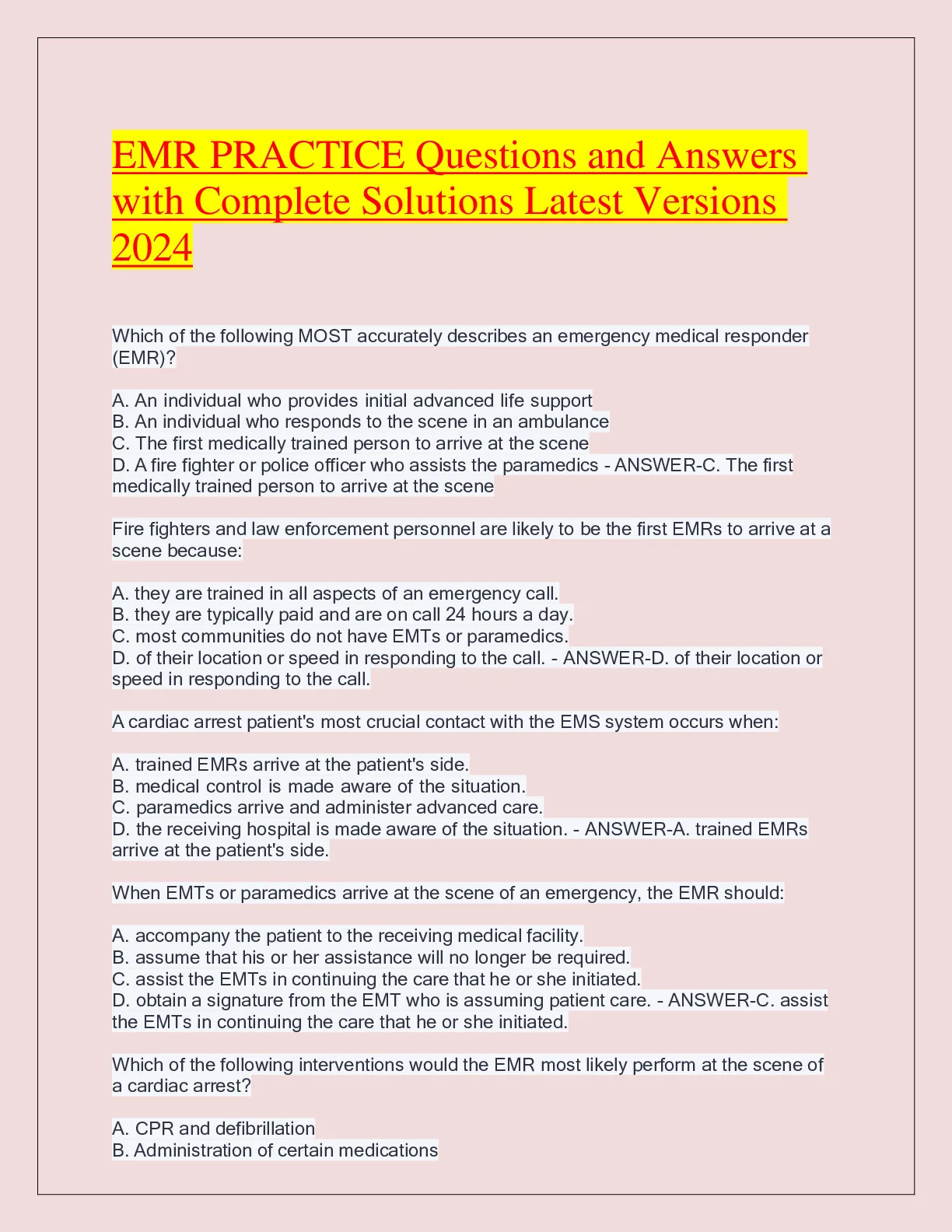 EMR PRACTICE Questions and Answers with Complete Solutions Latest ...