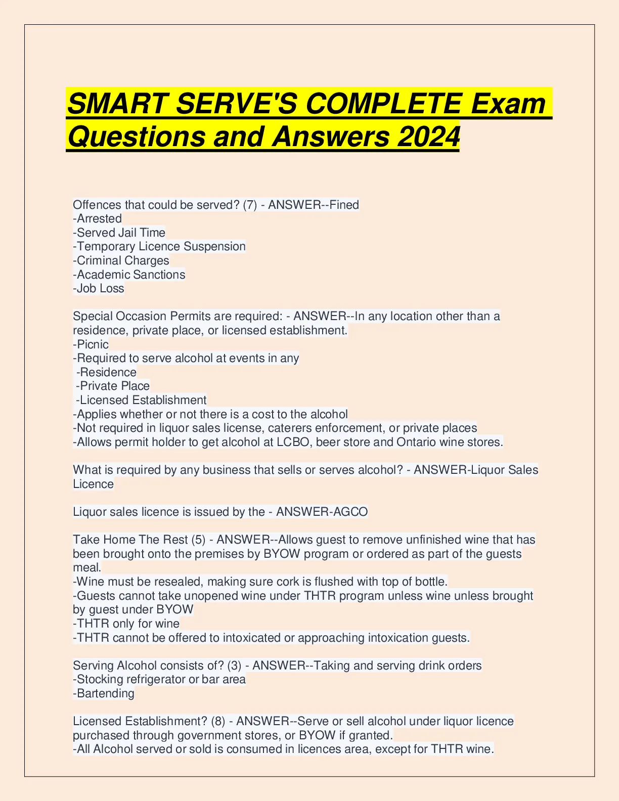 SMART SERVE-S COMPLETE Exam Questions and Answers 2024 - DocMerit