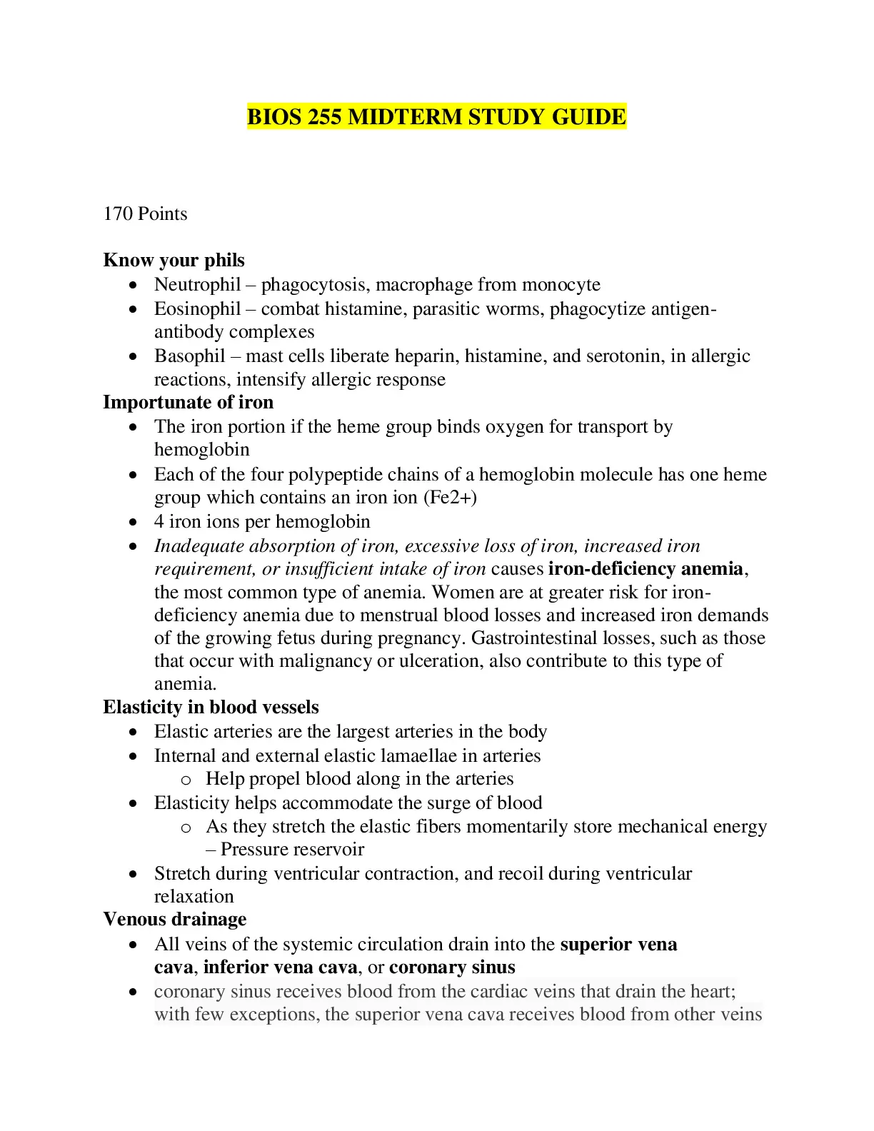 BIOS 255 MIDTERM STUDY GUIDE