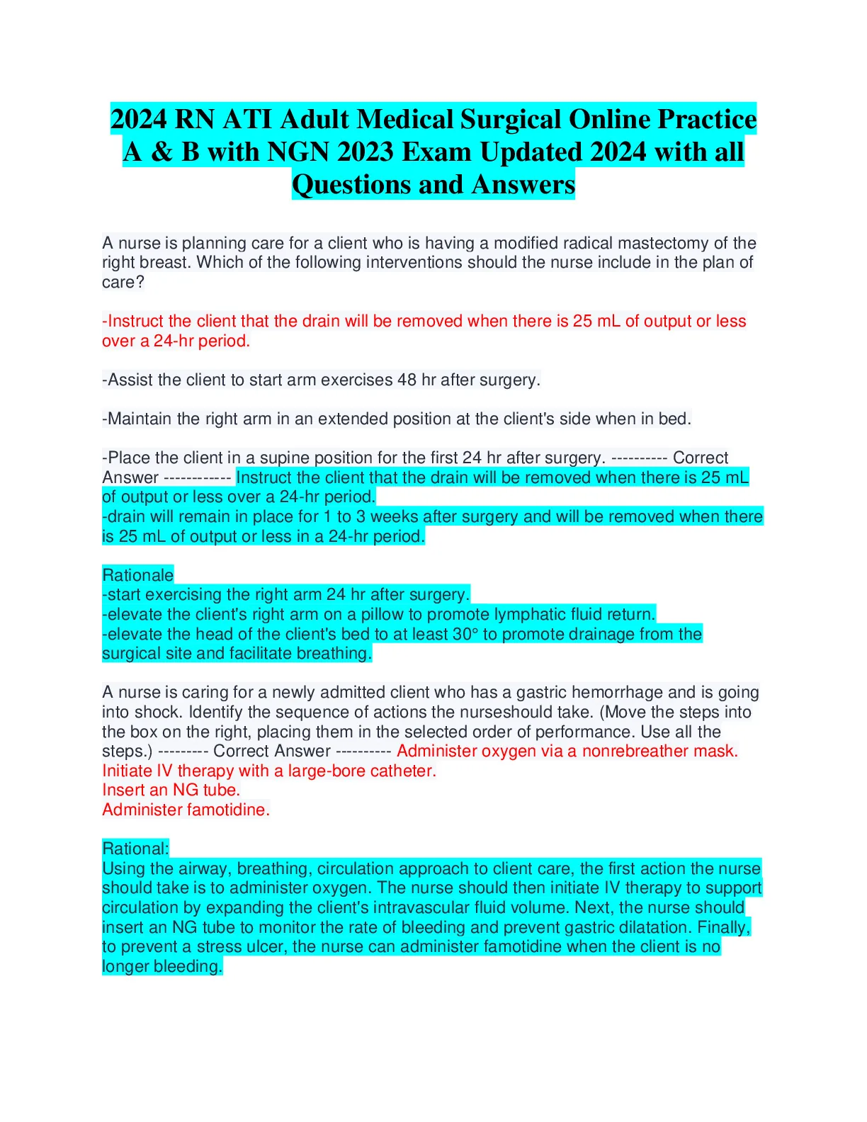 2024 RN ATI Adult Medical Surgical Online Practice A and B with NGN ...
