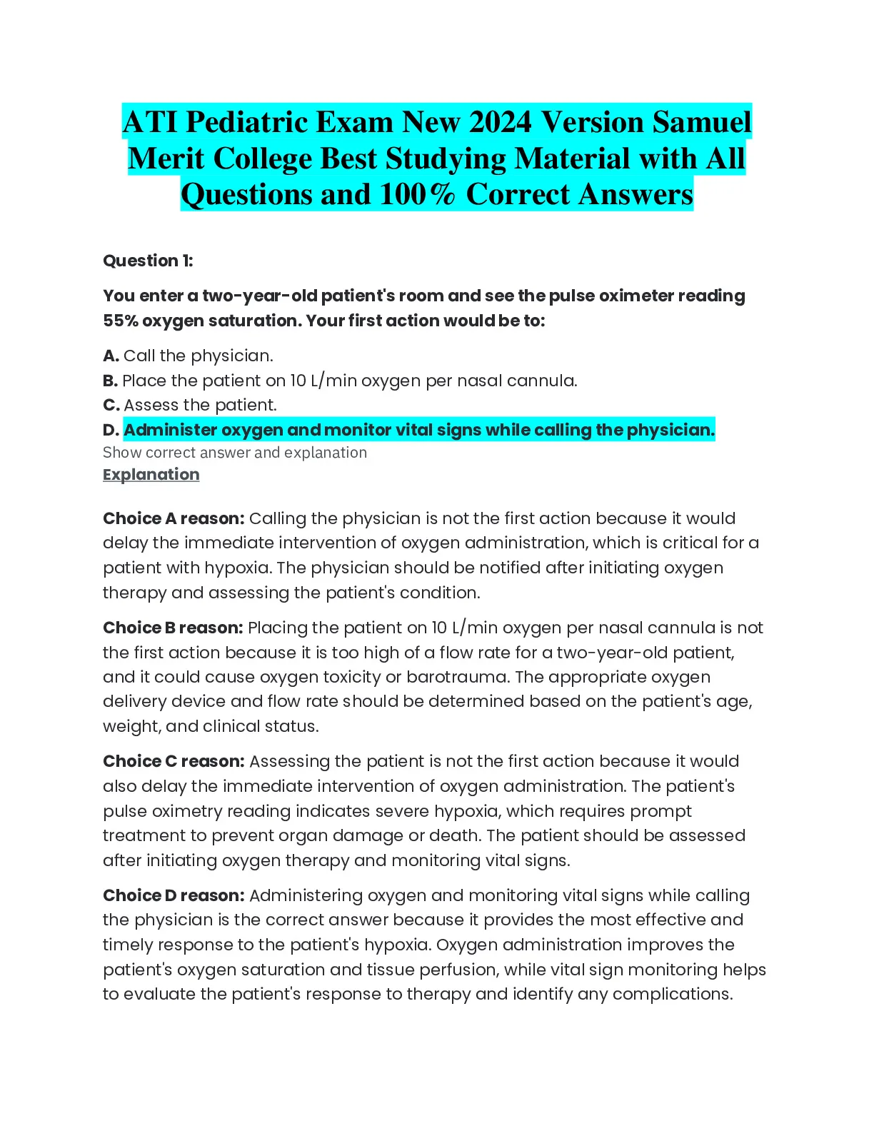 ATI Pediatric Exam New 2024 Version Samuel Merit College Best Studying ...