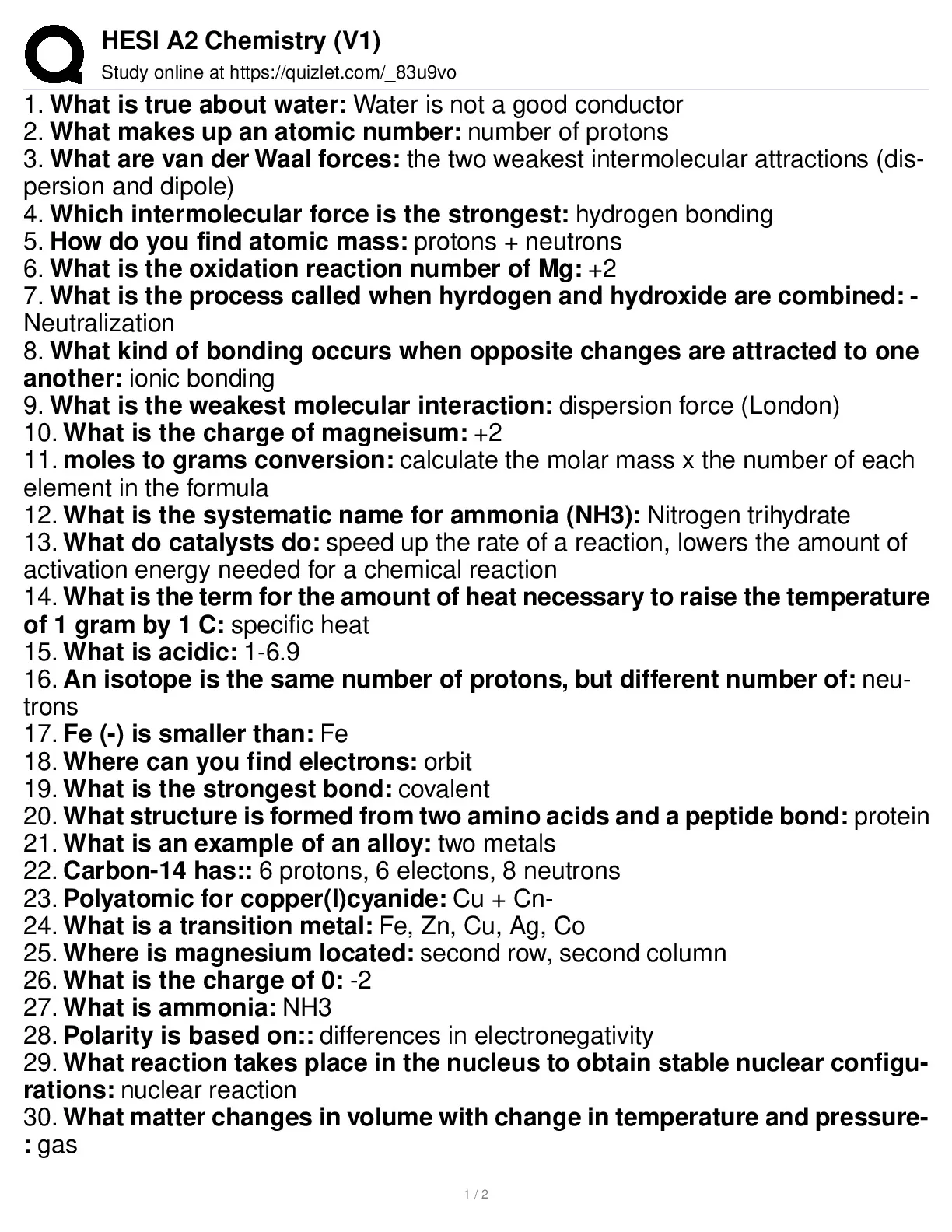 HESI A2 CHEMISTRY V1/V2 FILE 2023/2024 QUESTIONS AND ANSWERS