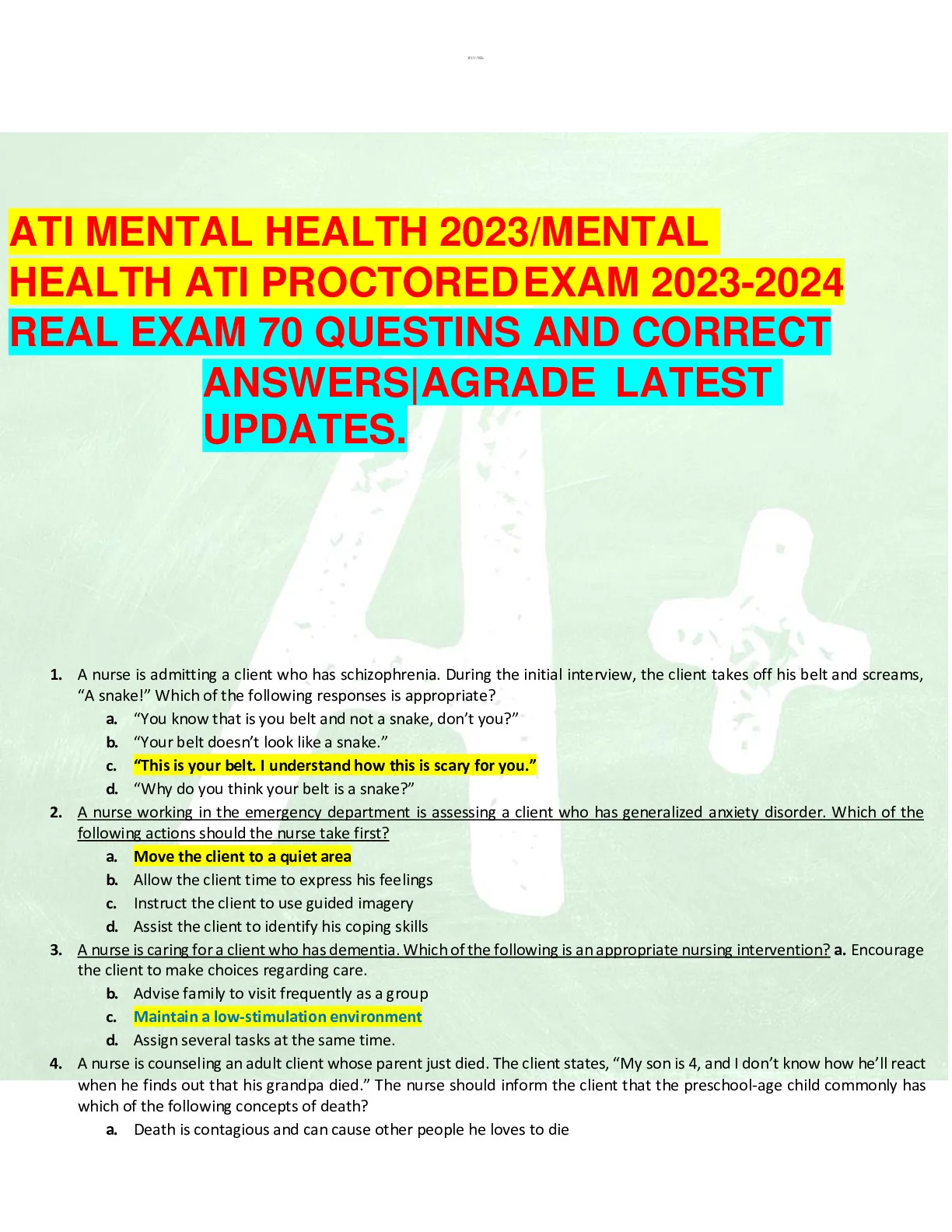 ATI MENTAL HEALTH PROCTORED EXAM 2023-2024 REAL EXAM 70 QUESTIONS AND ...