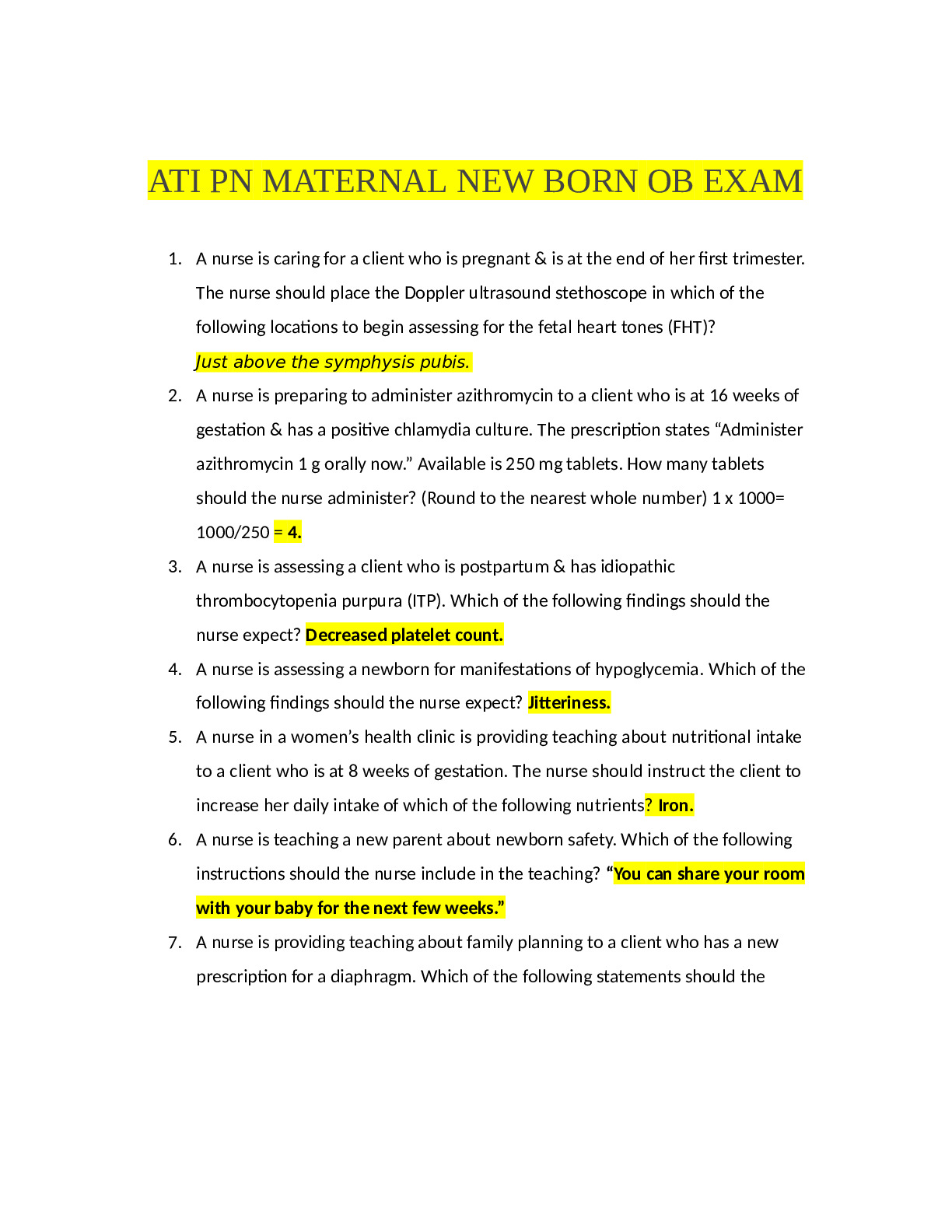 ATI PN MATERNAL NEW BORN OB EXAM